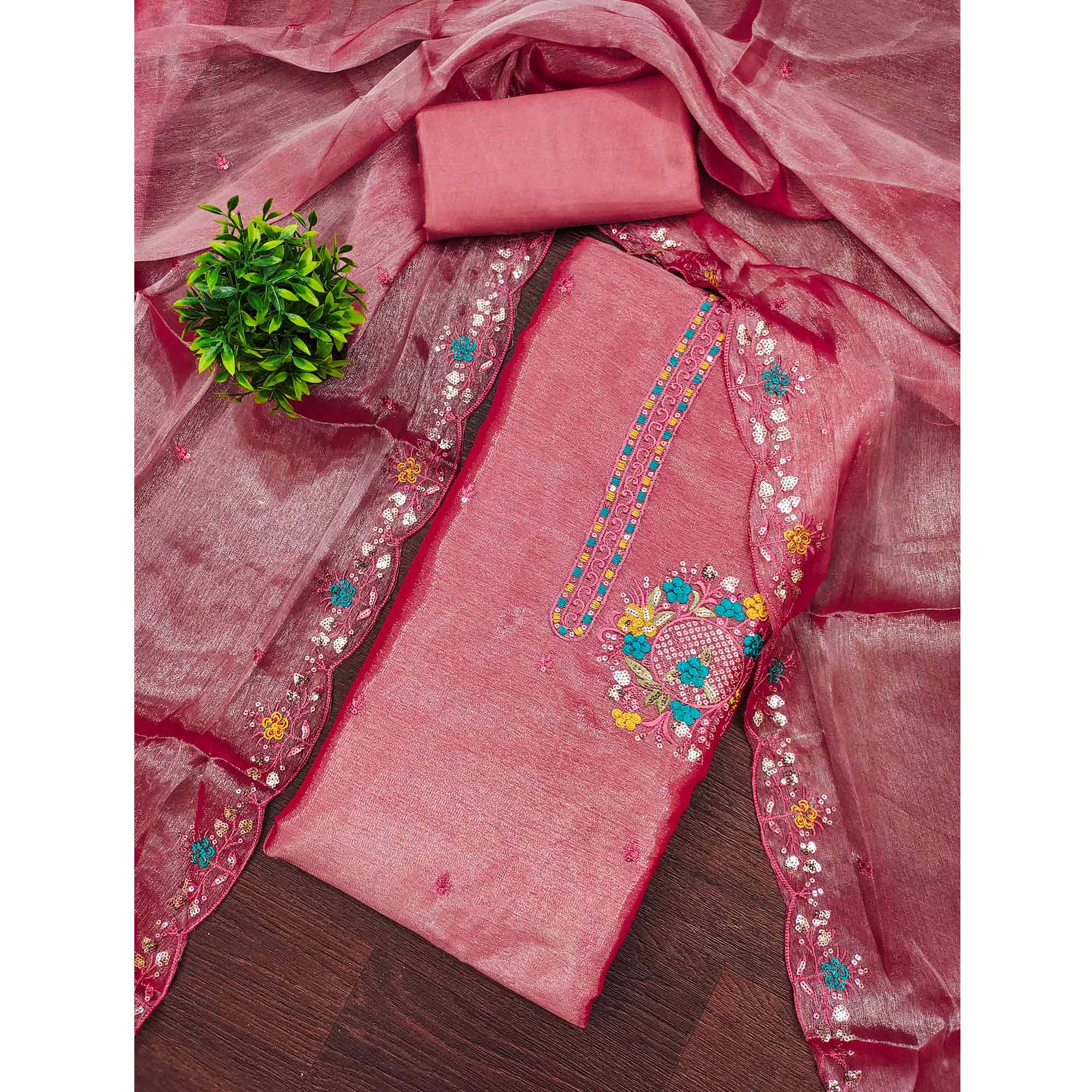 Graceful Pink Silk Blend Dress Material Featuring Exquisite Floral Embroidery & Sequins Accents