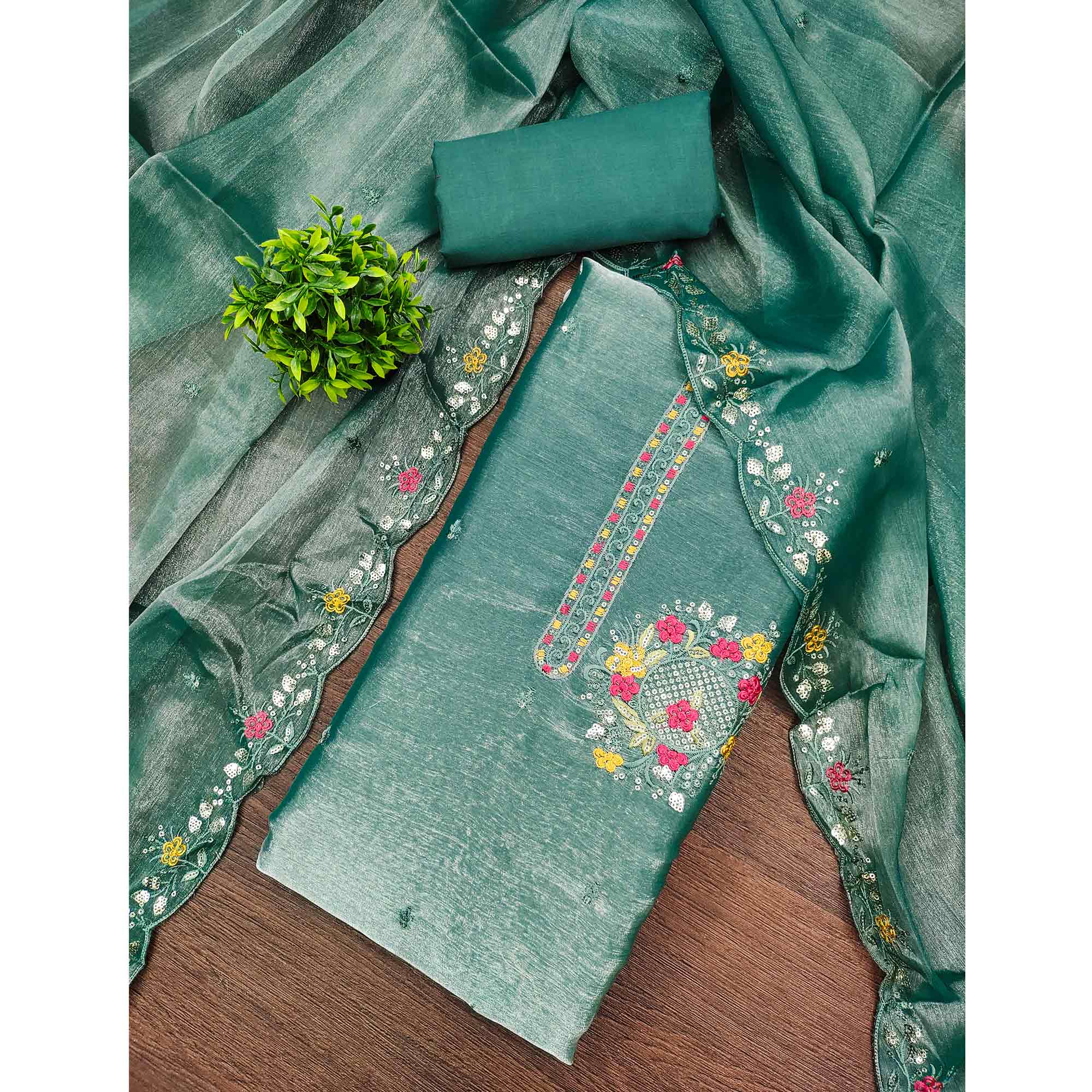 Graceful Rama Green Silk Blend Dress Material Featuring Exquisite Floral Embroidery & Sequin Accent