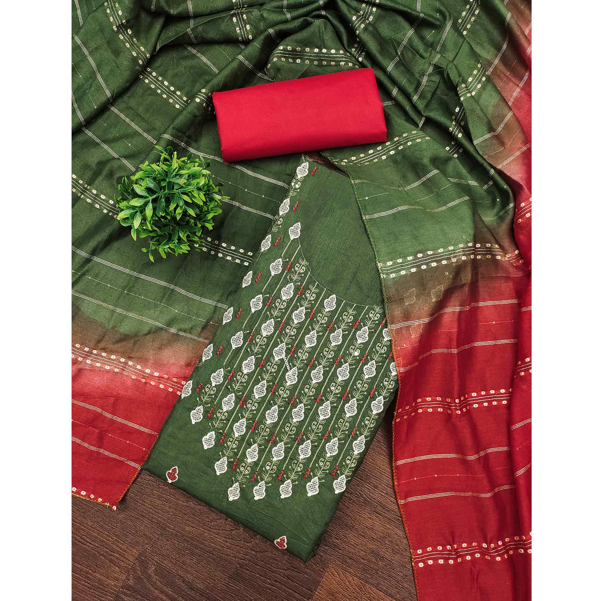 Elegant Green Floral Thread & Sequins Embroidered Silk Blend Dress Material