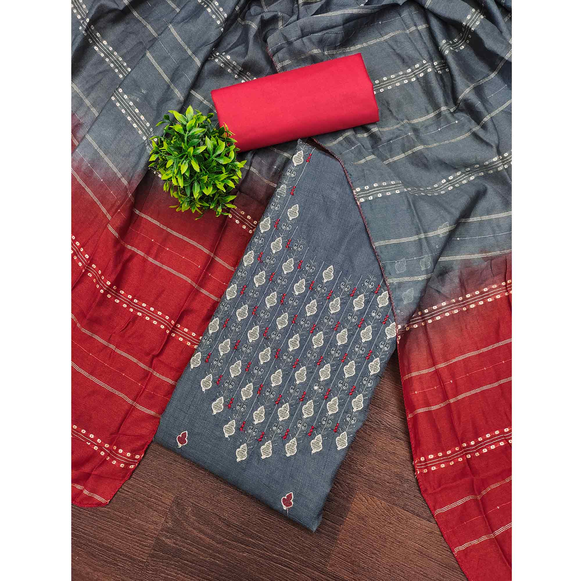 Elegant Grey Floral Thread & Sequins Embroidered Silk Blend Dress Material