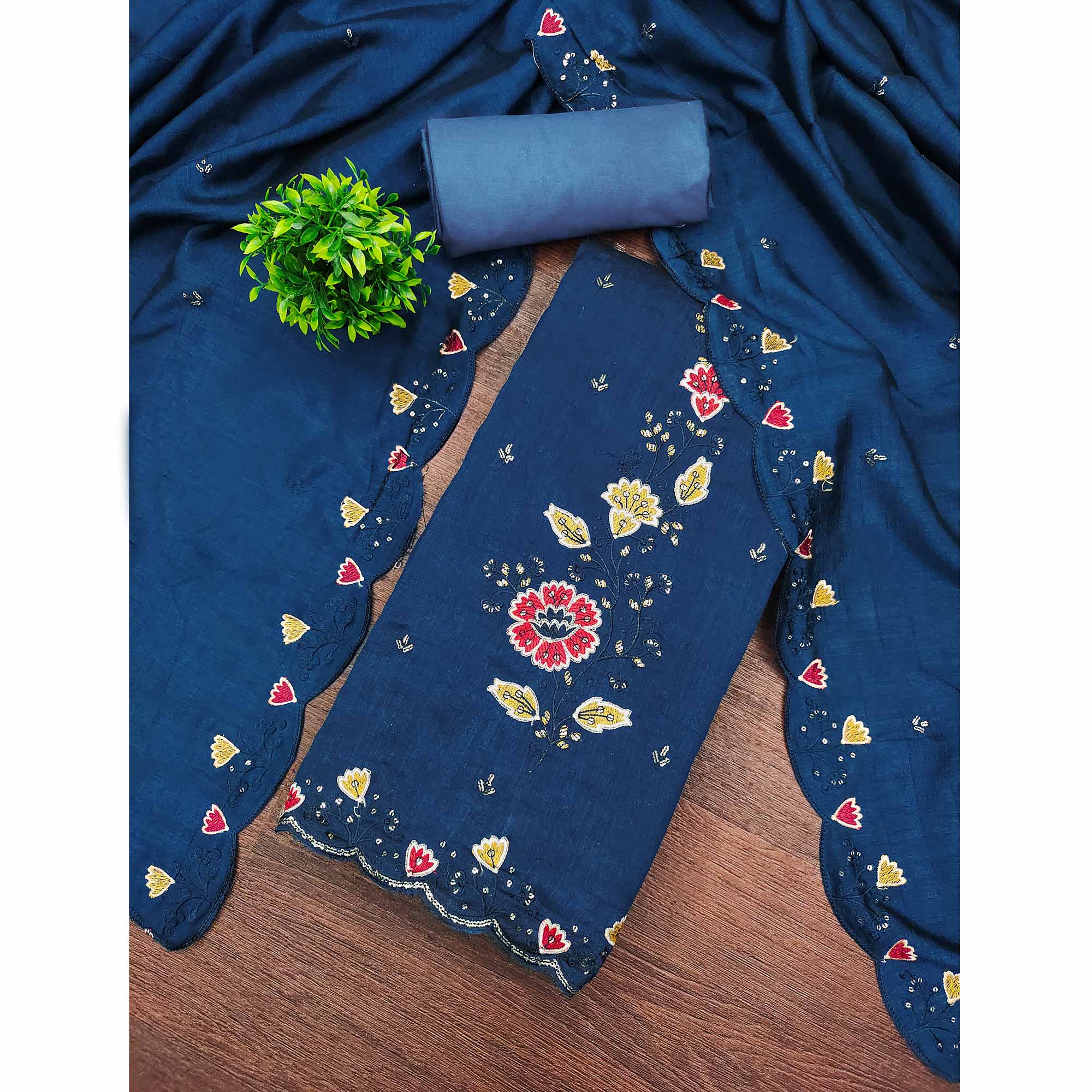 Graceful Blue Vichitra Silk Dress Material Adorned With Floral Thread Embroidery & Sequins Work