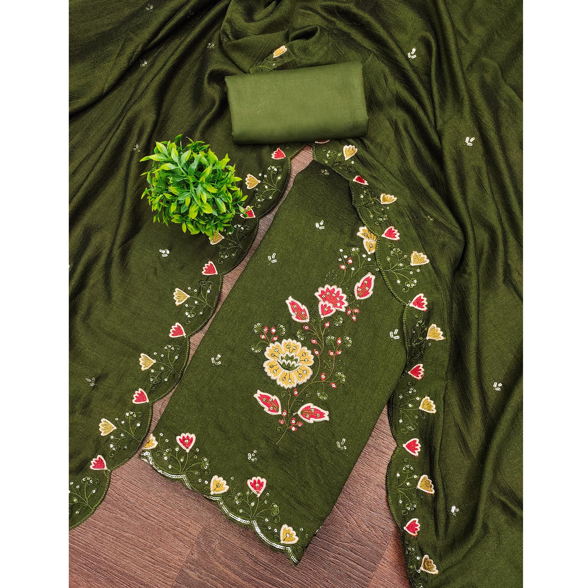 Graceful Green Vichitra Silk Dress Material Adorned With Floral Thread Embroidery & Sequins Work