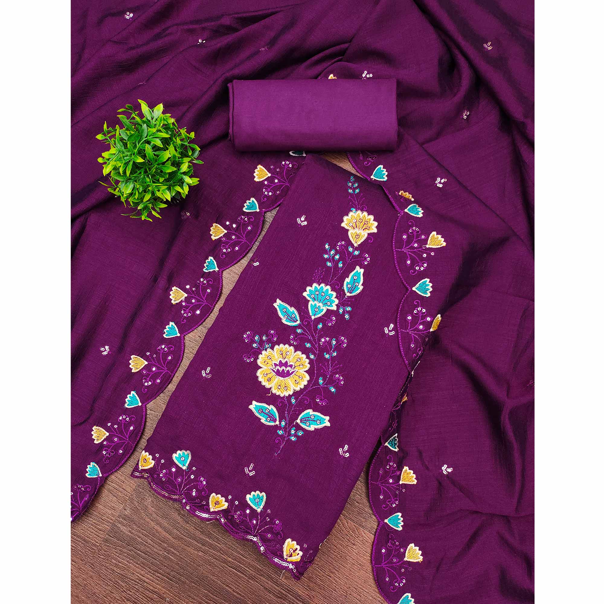 Graceful Purple Vichitra Silk Dress Material Adorned With Floral Thread Embroidery & Sequins Work