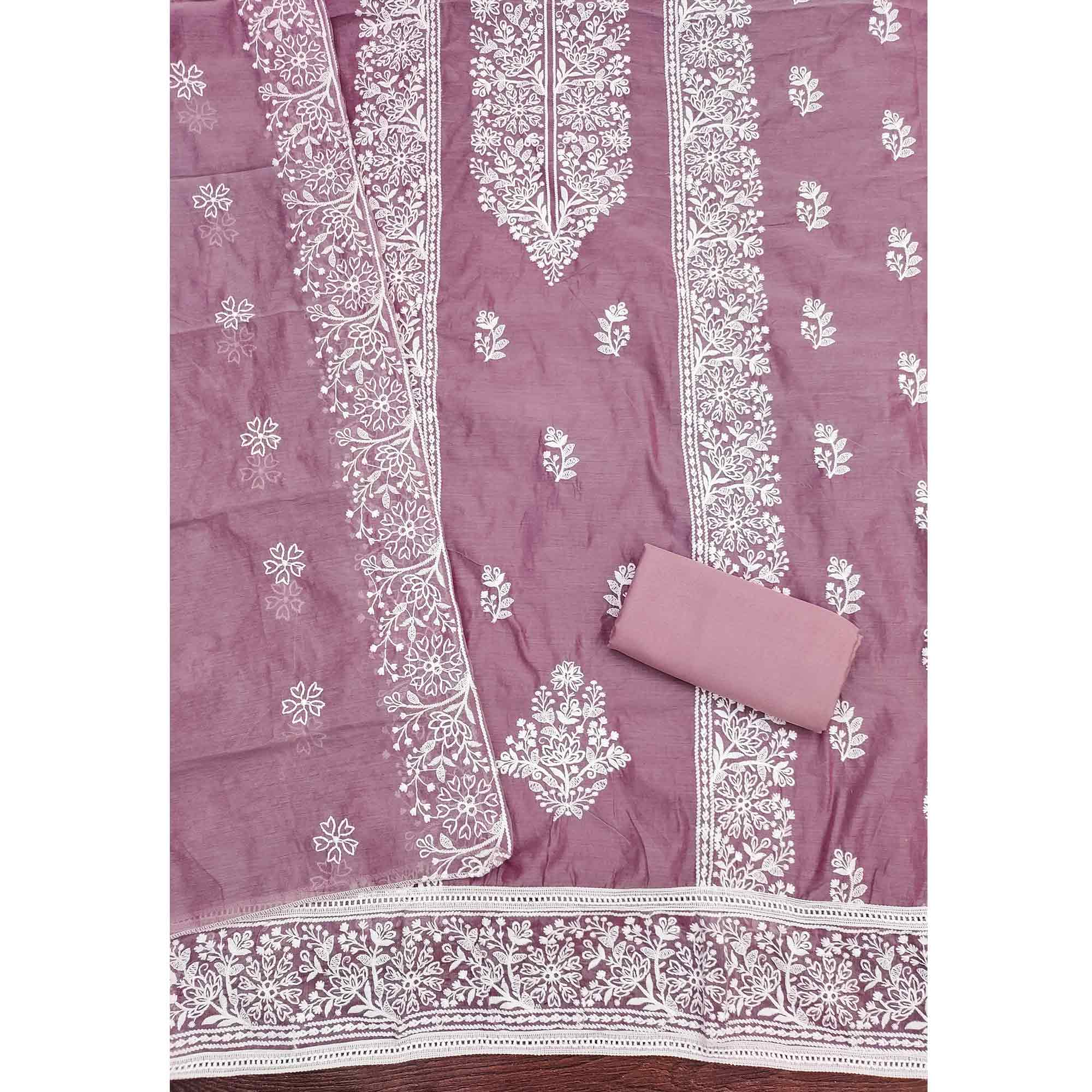 Mauve Cotton Blend Unstitched Suit Material with Soft Floral Embroidery Work