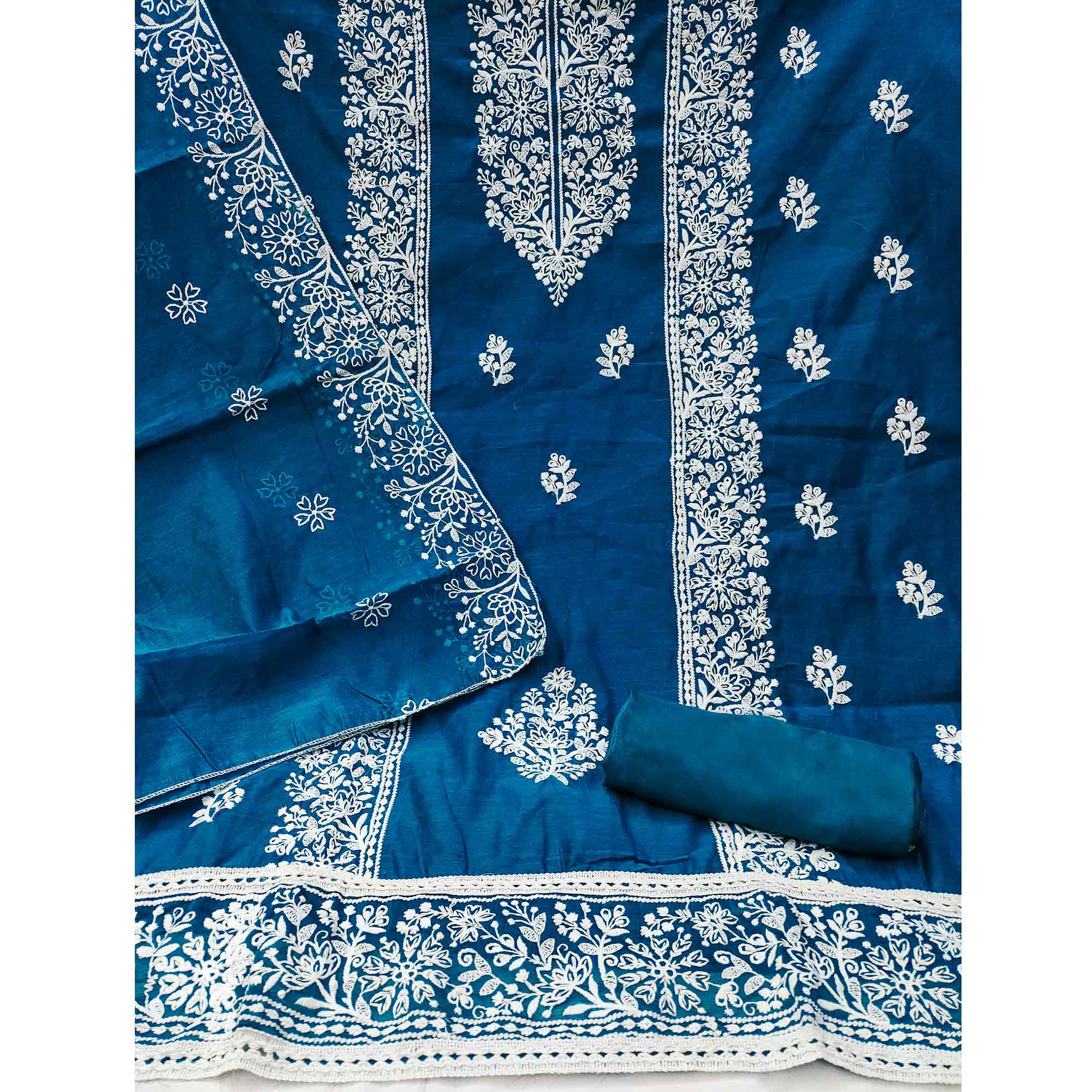 Teal Cotton Blend Unstitched Suit Material with Soft Floral Embroidery Work