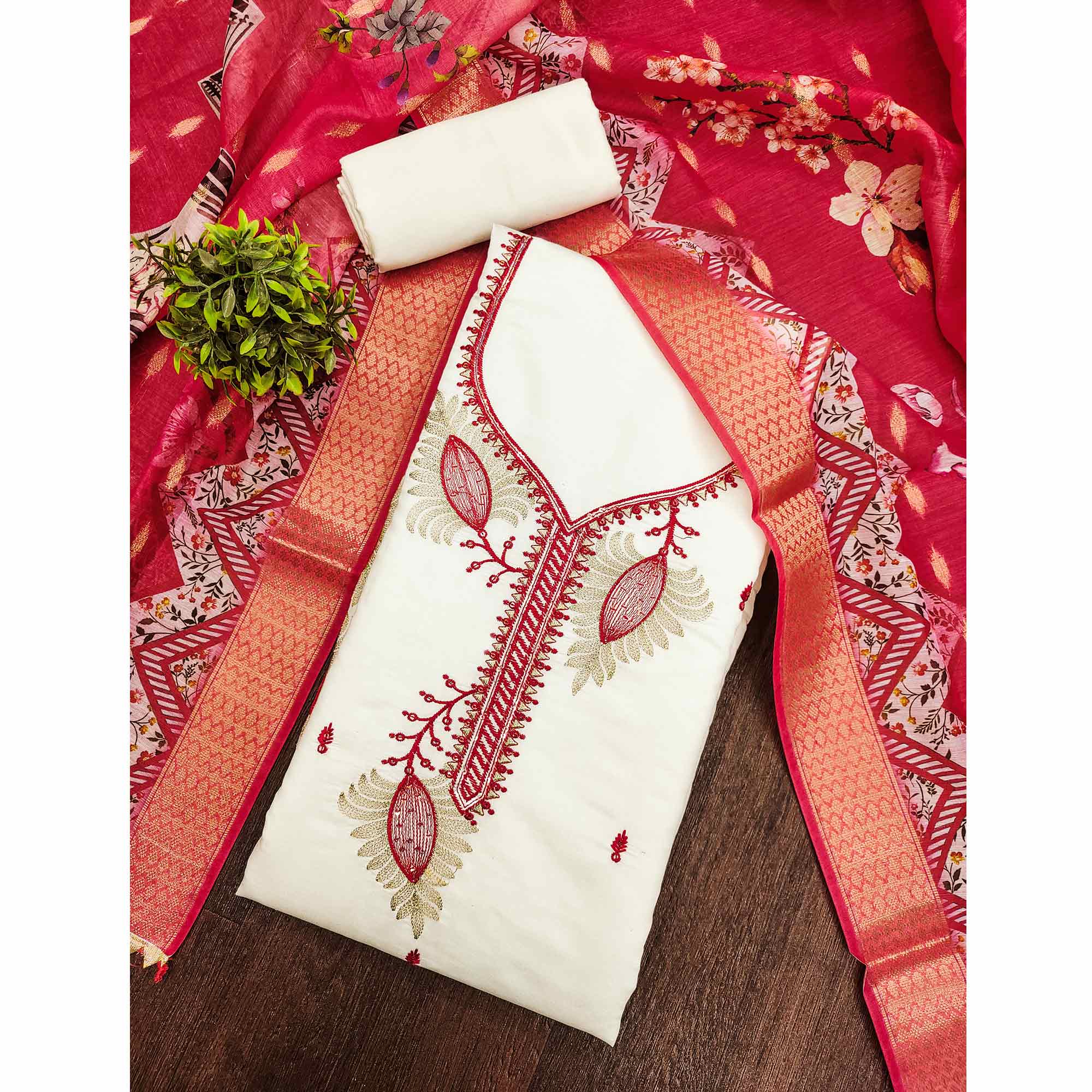 Elegant Cream & Red Floral Embroidered Roman Cotton Silk Dress Material With Subtle Sequins Work