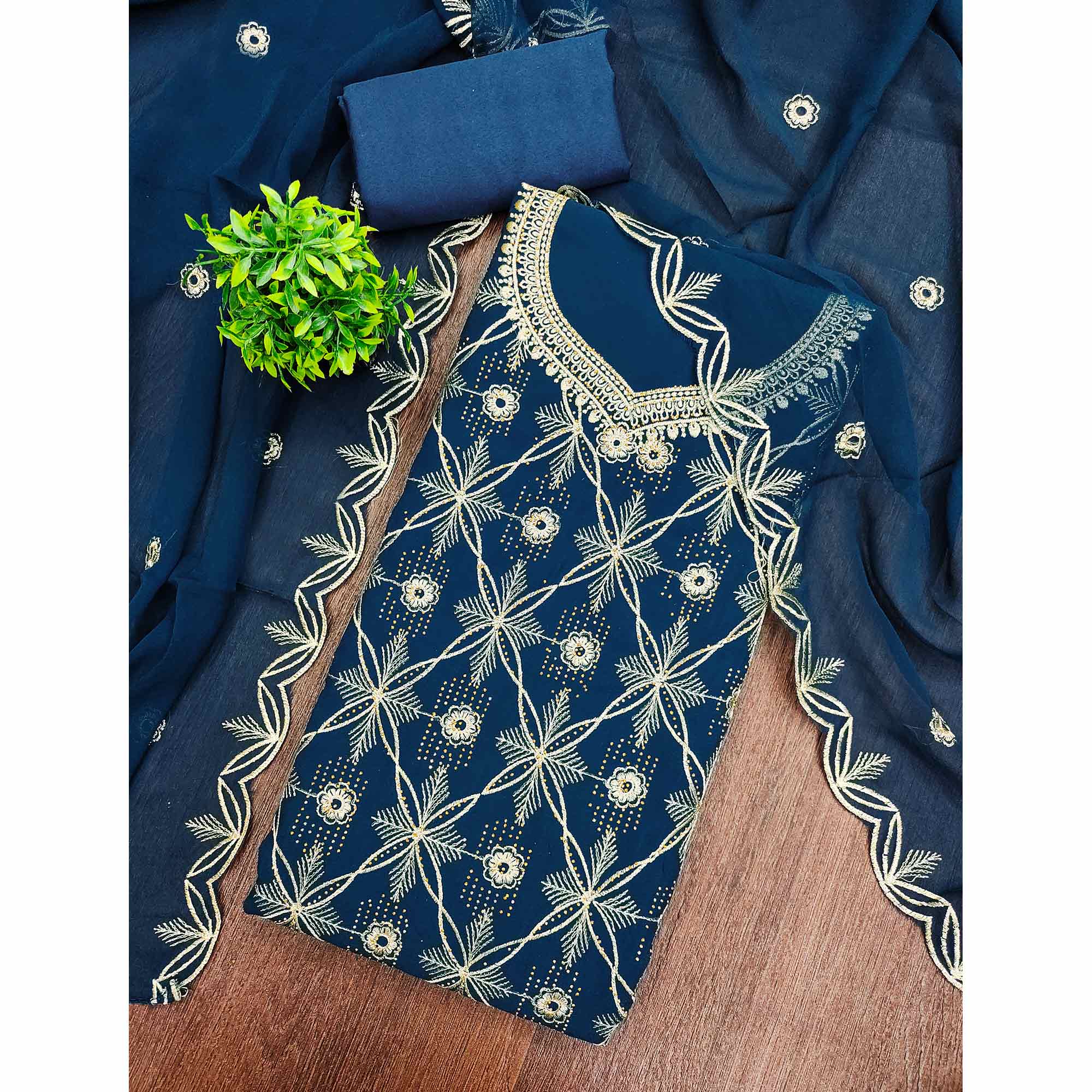 Premium Blue Floral Embroidered Georgette Dress Material Accentuated With Swarovski Detailing