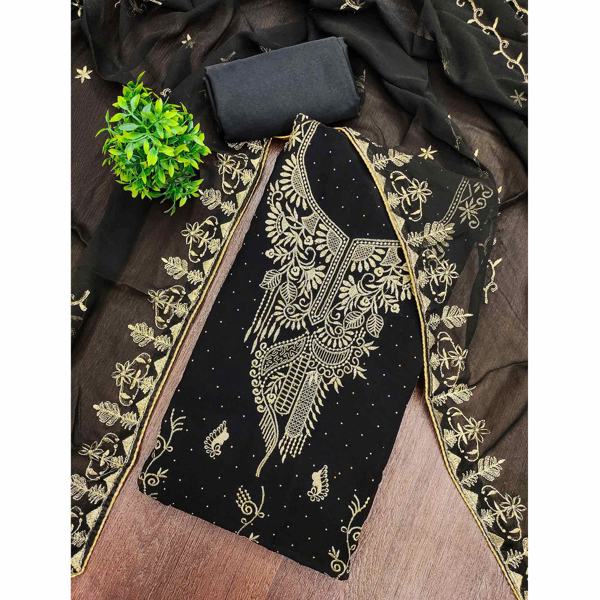 Ethnic Black Floral Embroidered Georgette Dress Material With Shimmering Swarovski Accents