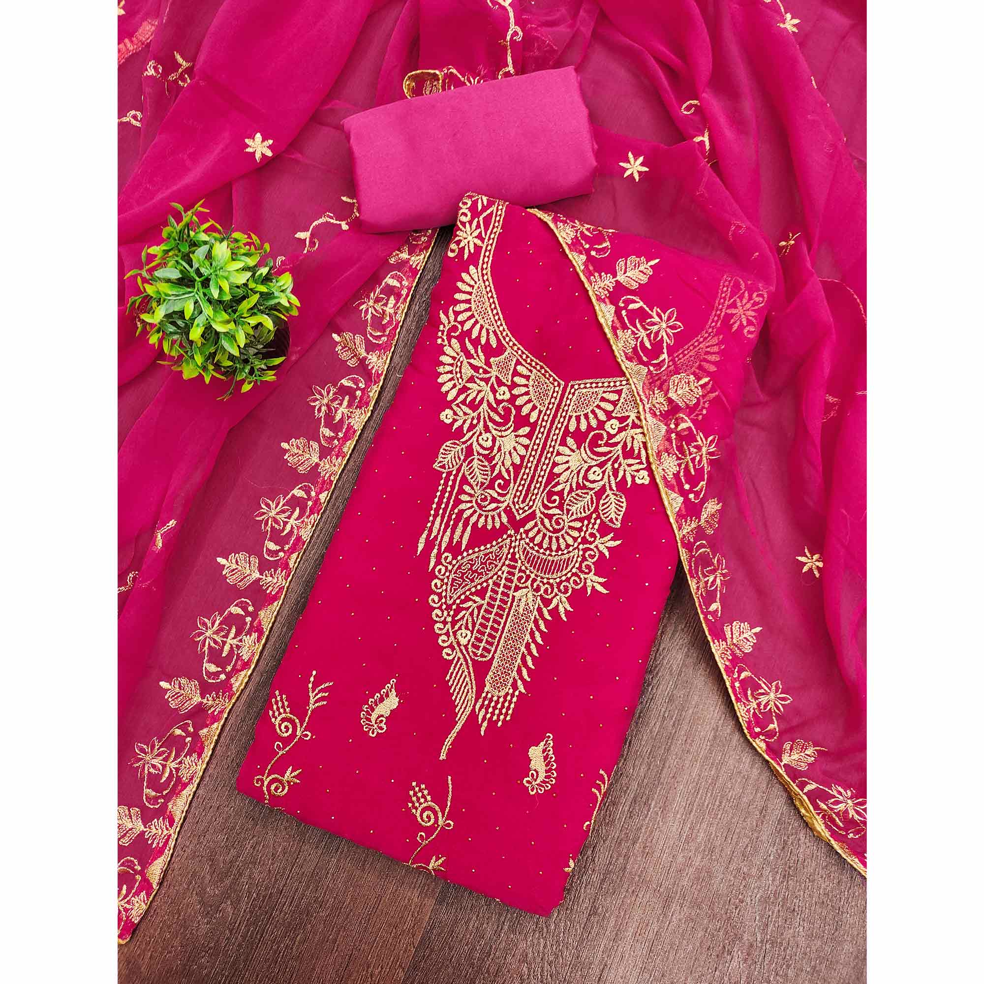 Ethnic Pink Floral Embroidered Georgette Dress Material With Shimmering Swarovski Accents