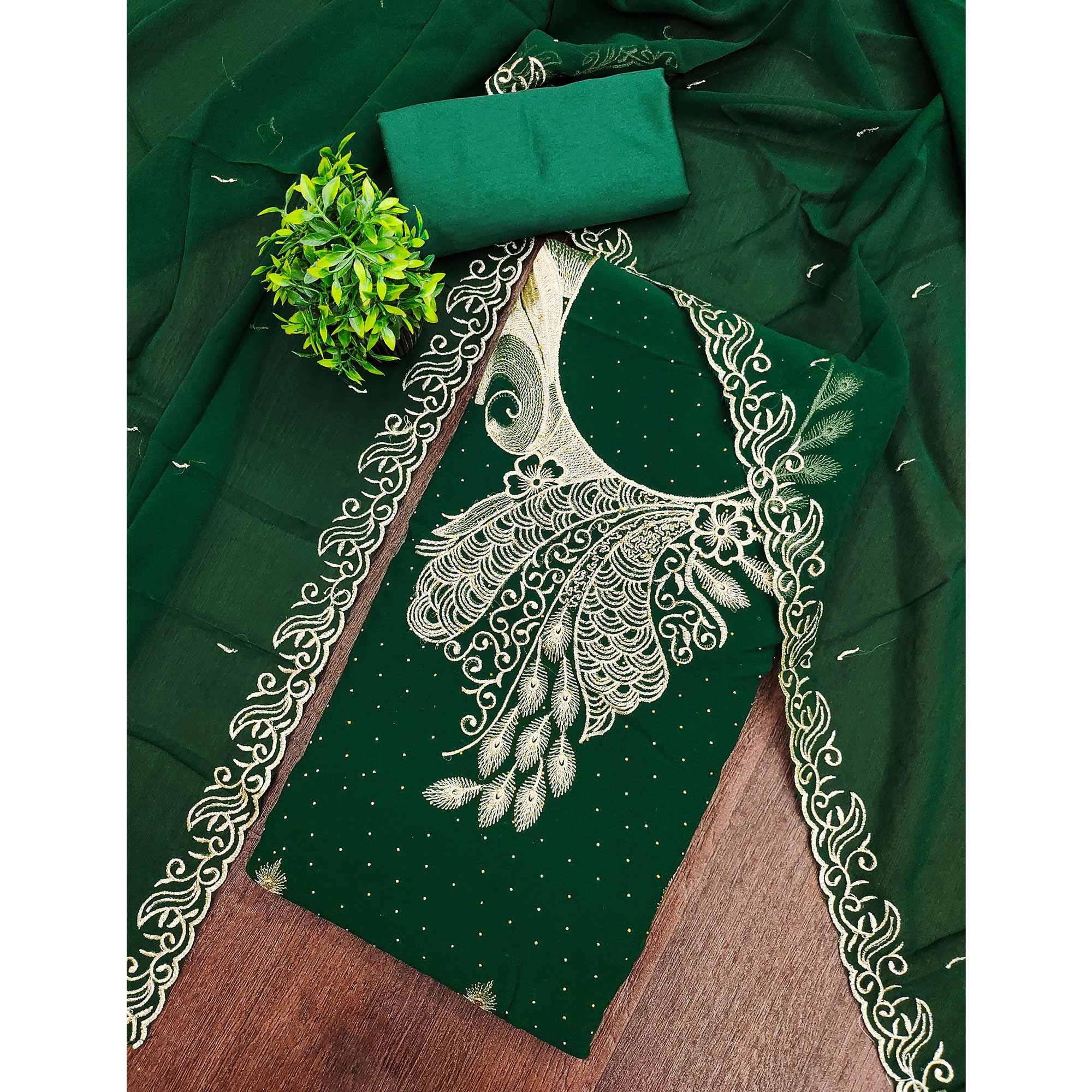 Sophisticated Green Floral Embroidered Georgette Dress Material Enhanced With Fine Swarovski Work