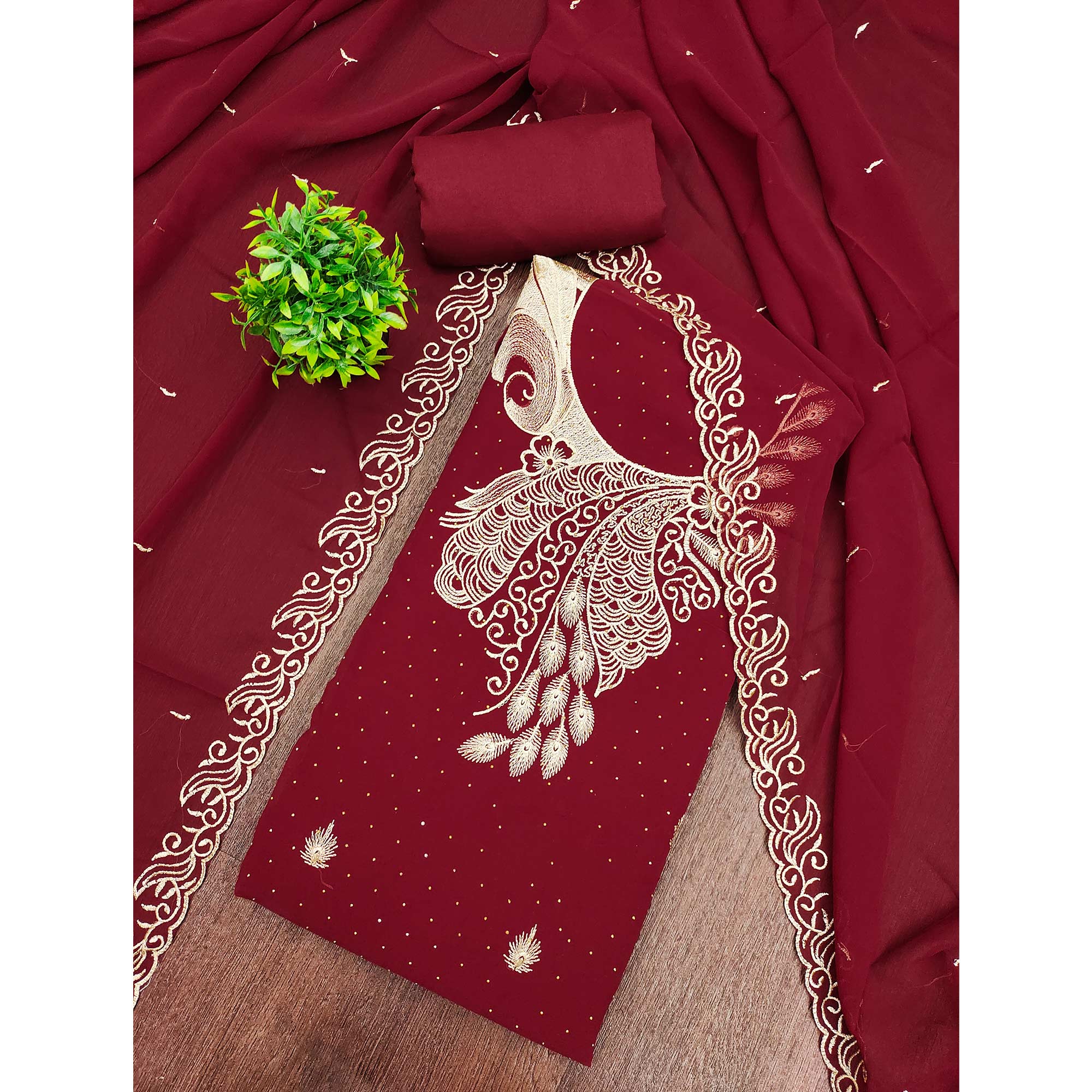 Sophisticated Maroon Floral Embroidered Georgette Dress Material Enhanced With Fine Swarovski Work
