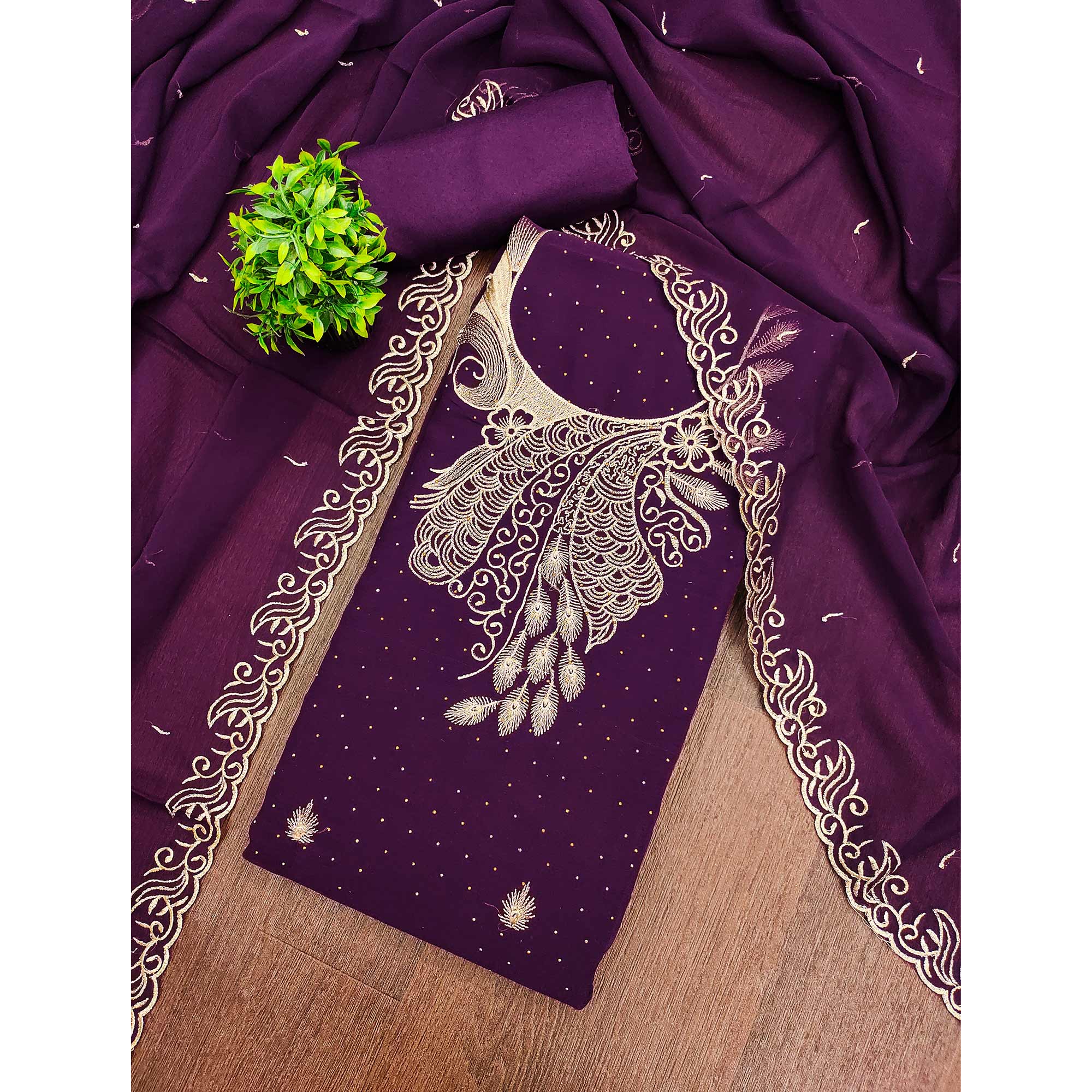 Sophisticated Purple Floral Embroidered Georgette Dress Material Enhanced With Fine Swarovski Work