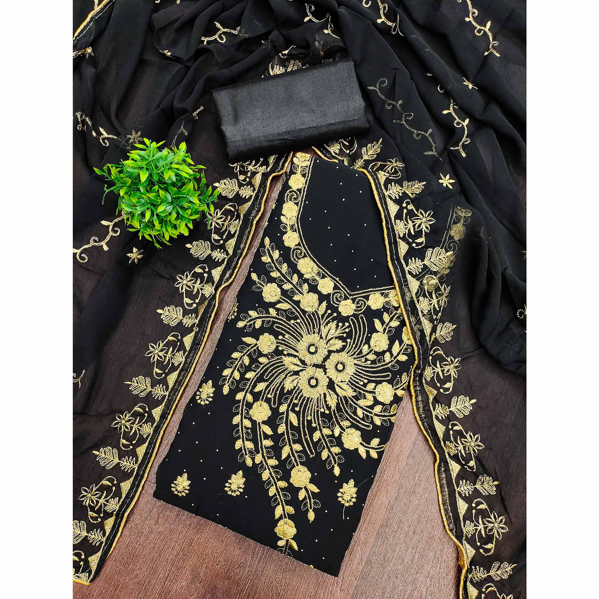 Classic Black Floral Embroidery Georgette Dress Material With Subtle Swarovski Embellishments