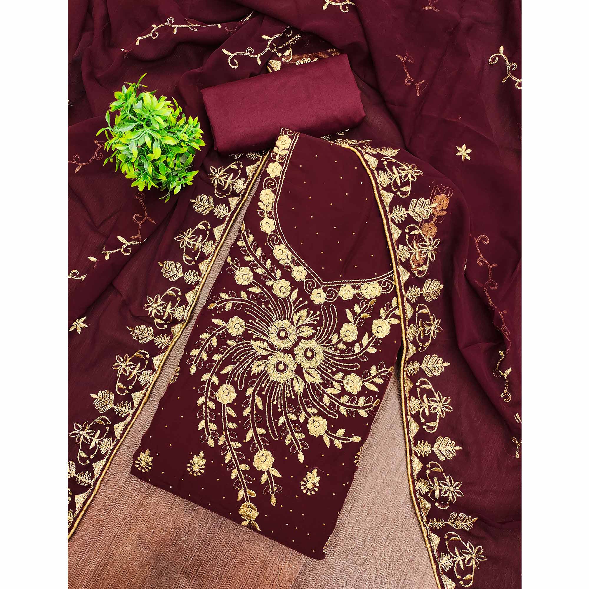 Classic Maroon Floral Embroidery Georgette Dress Material With Subtle Swarovski Embellishments