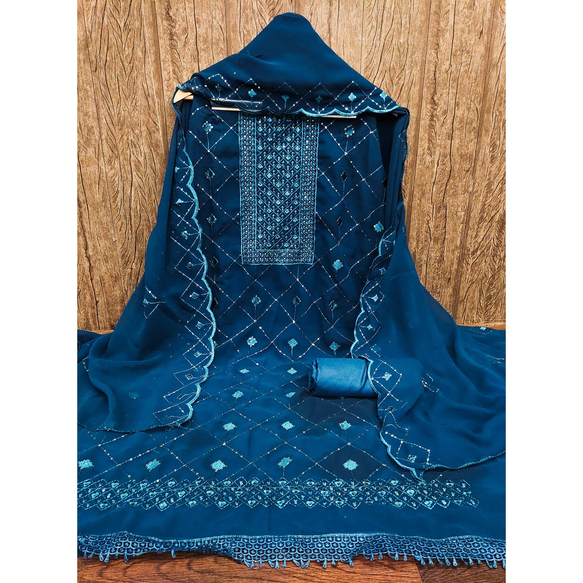 Blue Georgette Dress Material Featuring Delicate Thread Embroidery & Sequin Accent