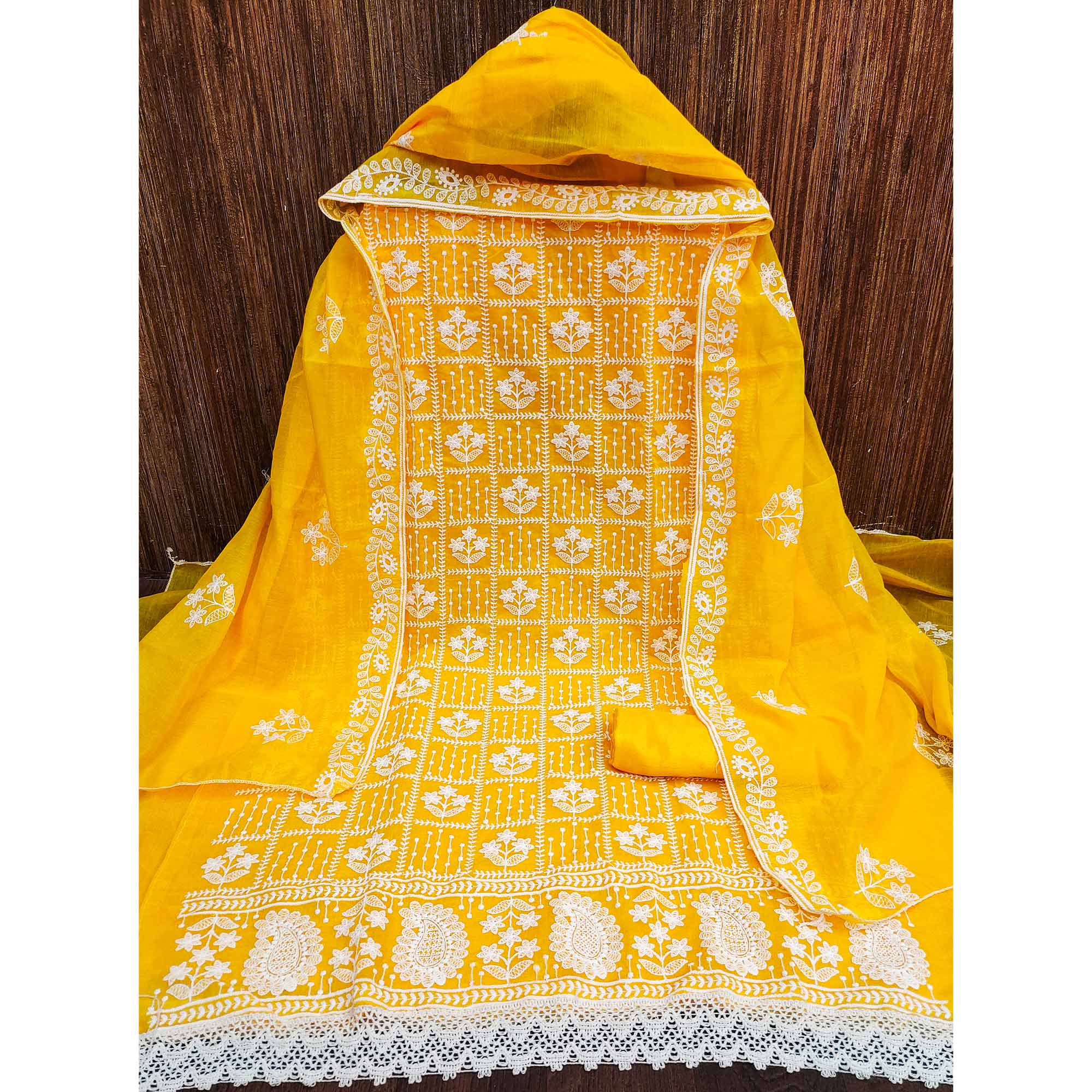 Yellow Floral Embroidered Chanderi Cotton Dress Material