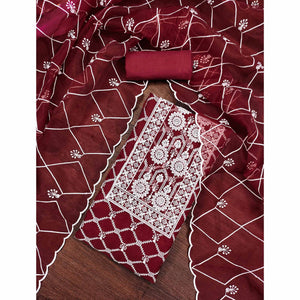 Maroon Sheer Organza Suit Material with Floral Embroidery Detailing