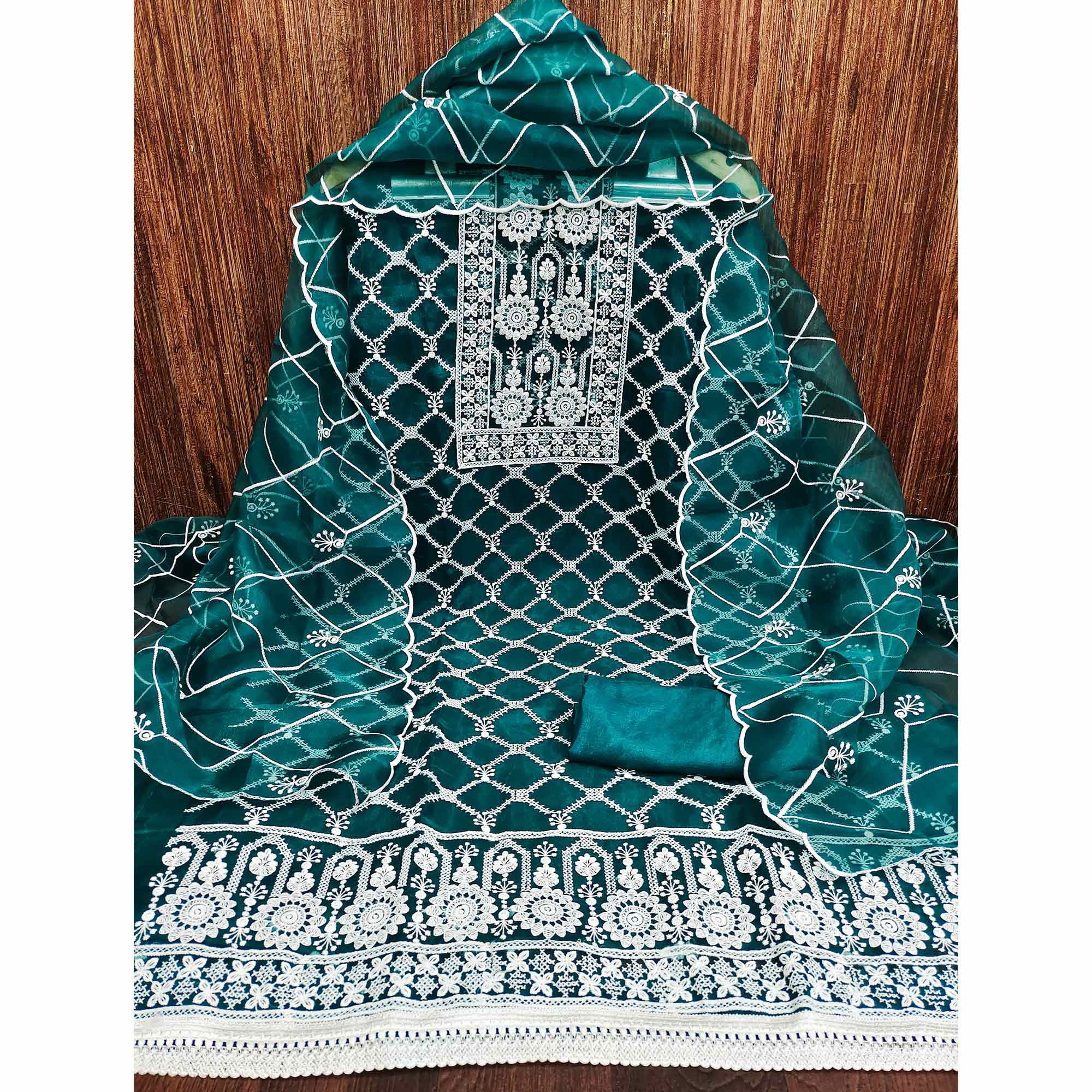 Rama Green Floral Embroidered Organza Dress Material