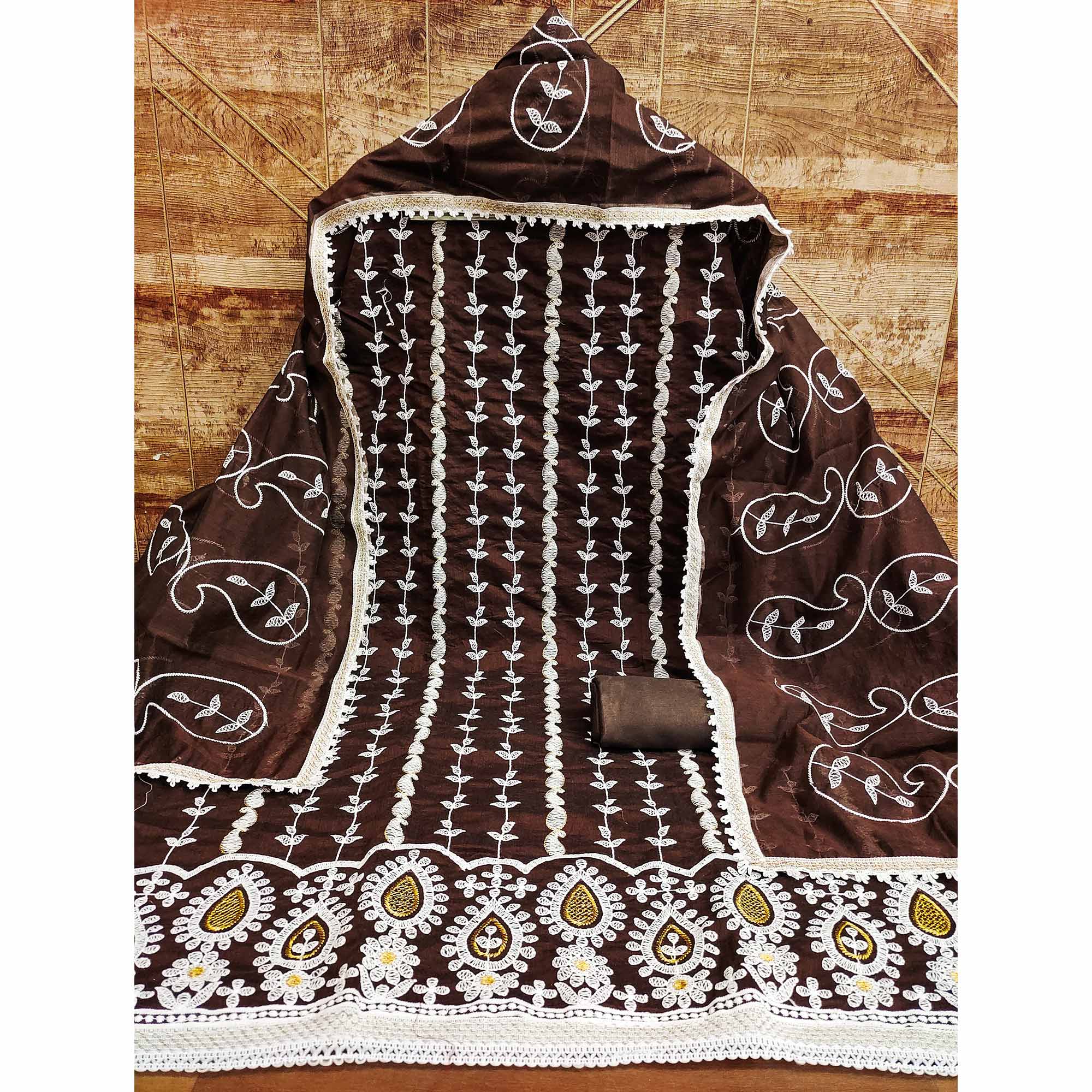 Brown Floral Embroidered Chanderi Cotton Dress Material