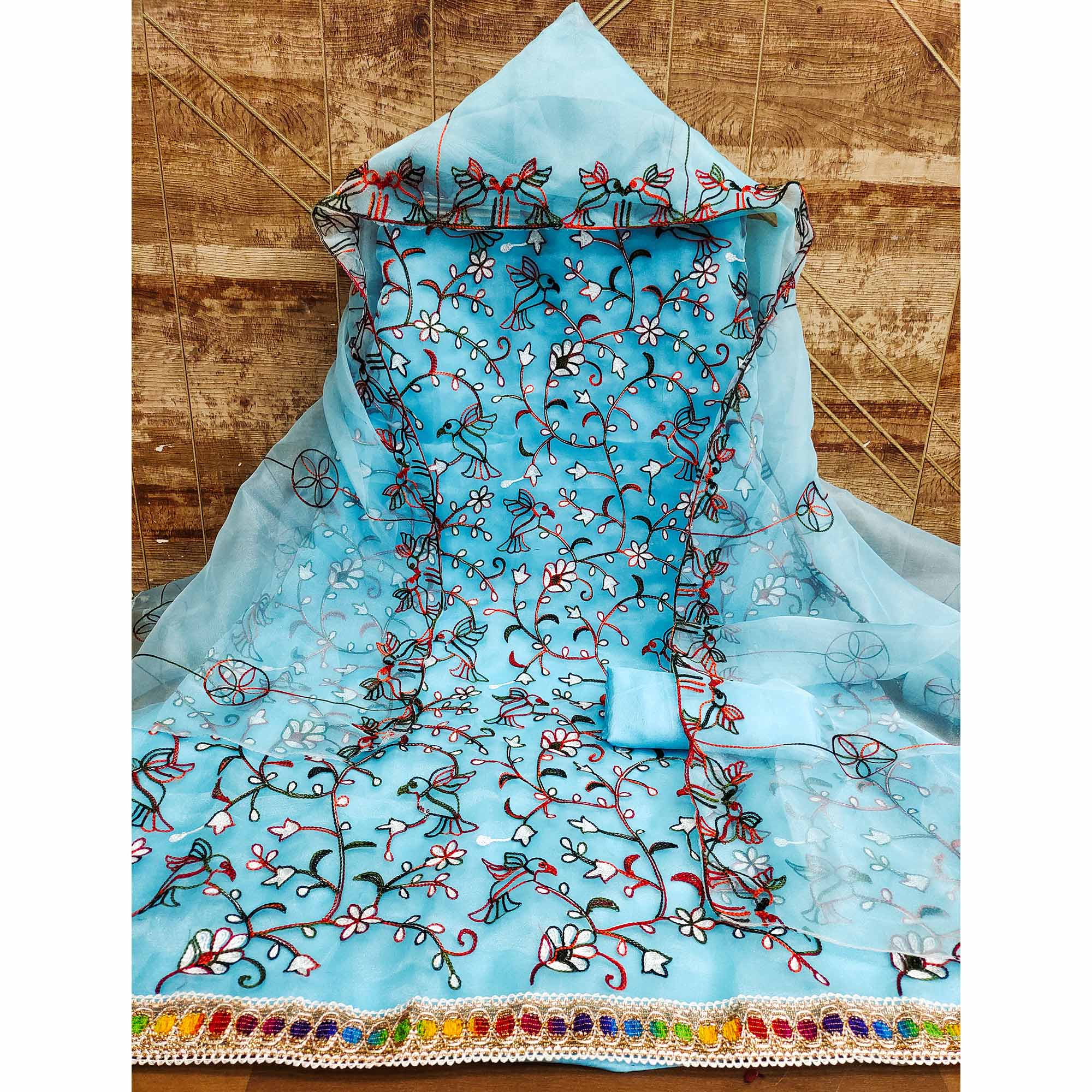 Blue Floral Embroidered Organza Dress Material