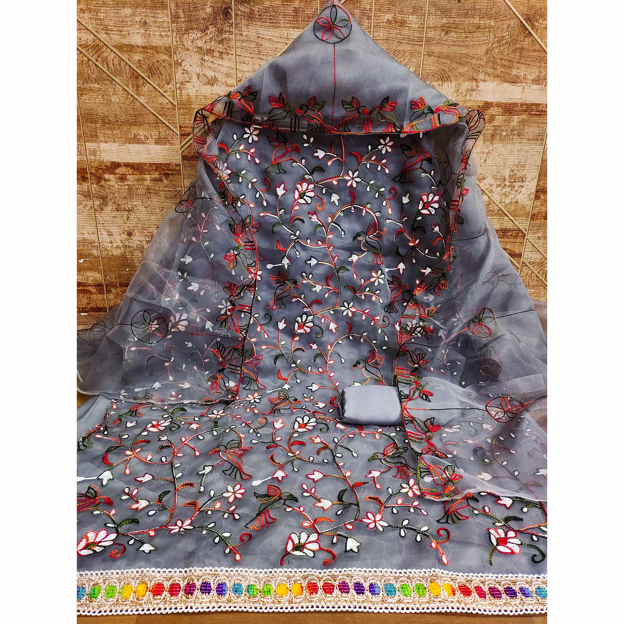 Grey Floral Embroidered Organza Dress Material