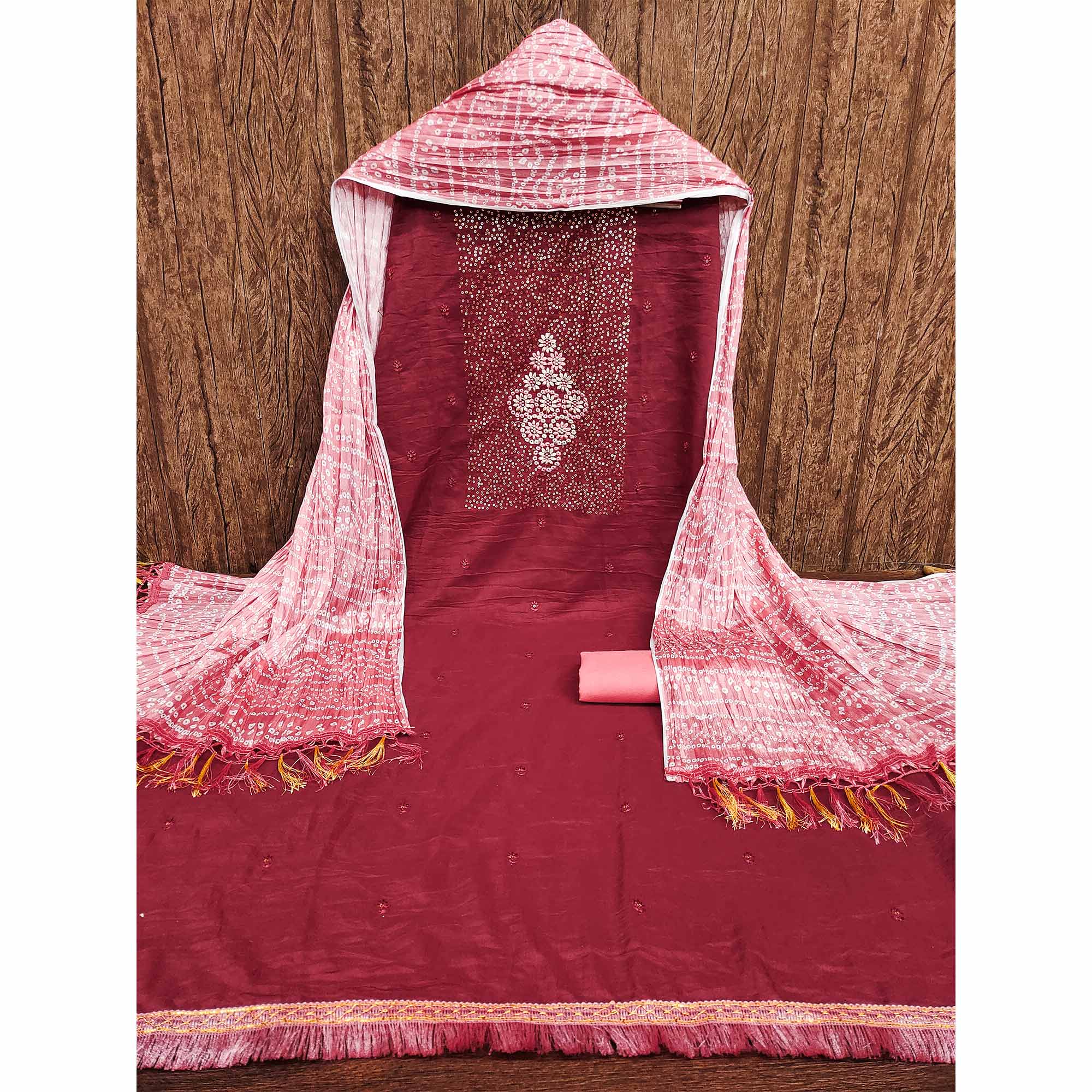 Maroon Floral Embroidered Cotton Blend Dress Material Adorned With Sparkling Sequins Work