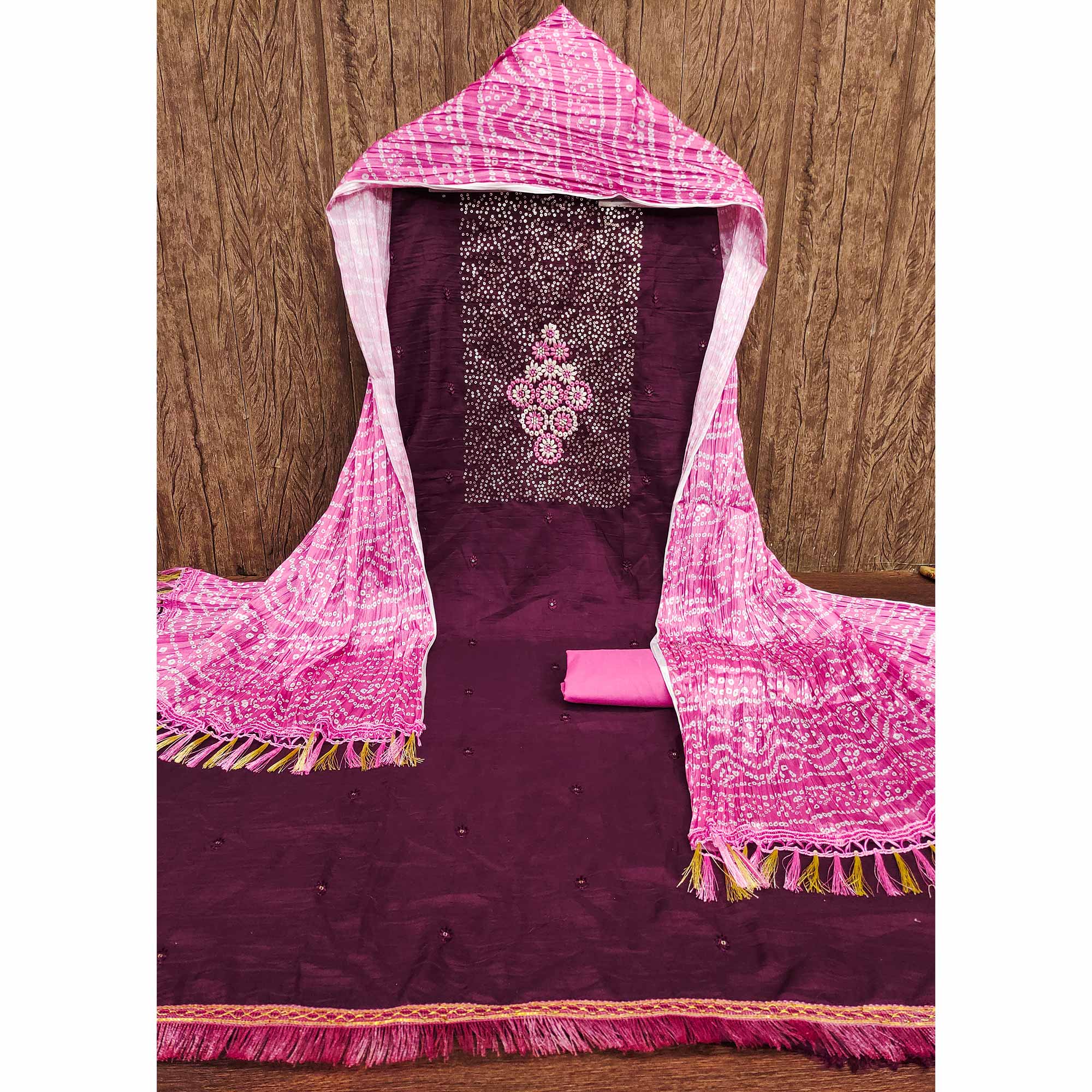 Wine Floral Embroidered Cotton Blend Dress Material Adorned With Sparkling Sequins Work