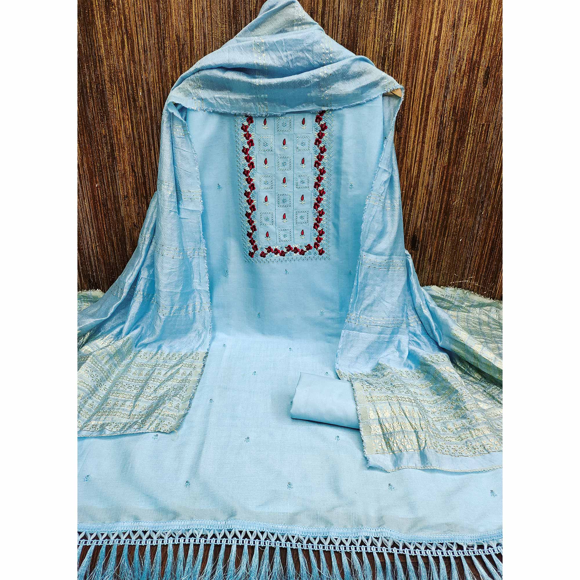 Blue Floral Embroidery Cotton Blend Dress Material Enhanced With Shimmering Sequins Work