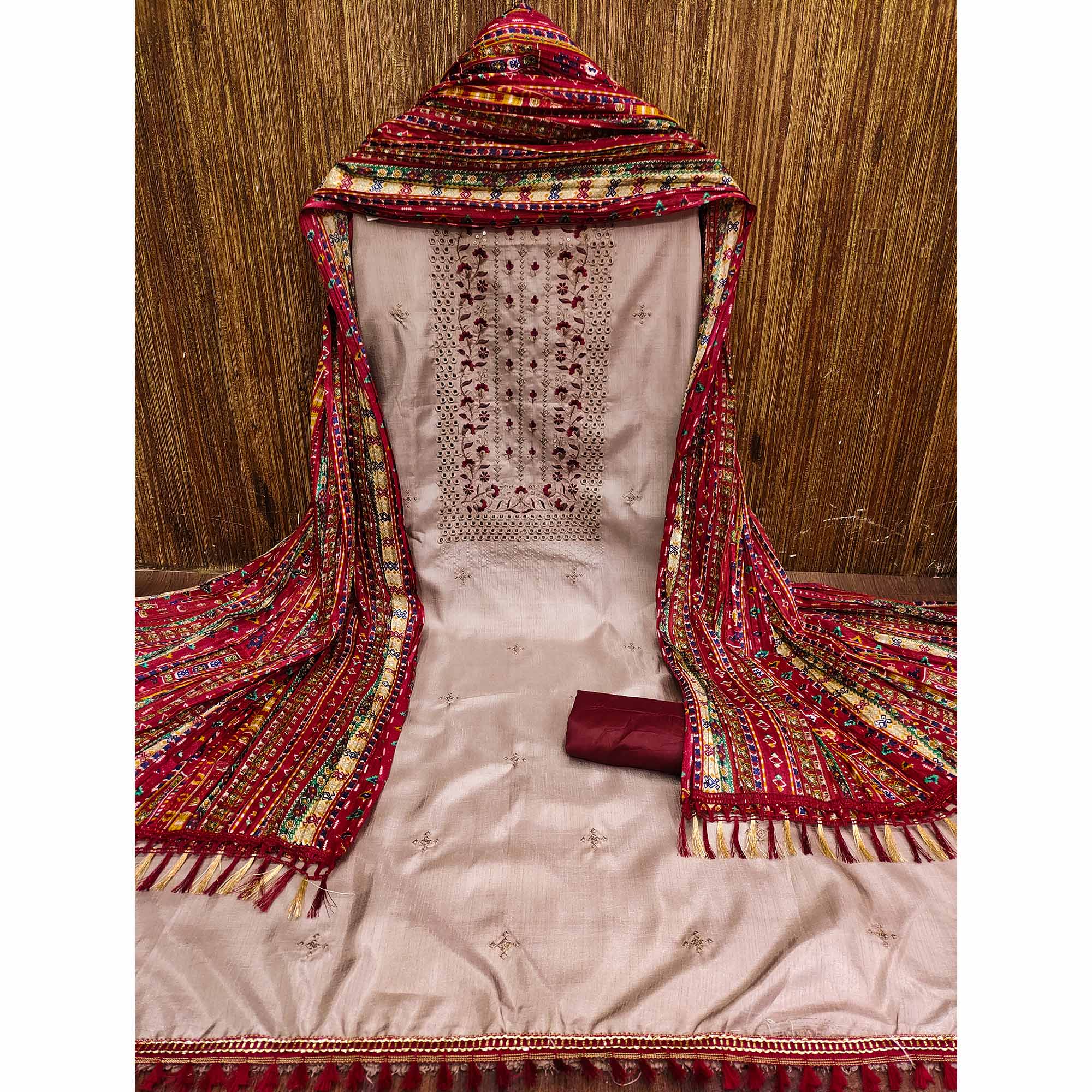 Beige Floral Sequins Embroidered Cotton Silk Dress Material