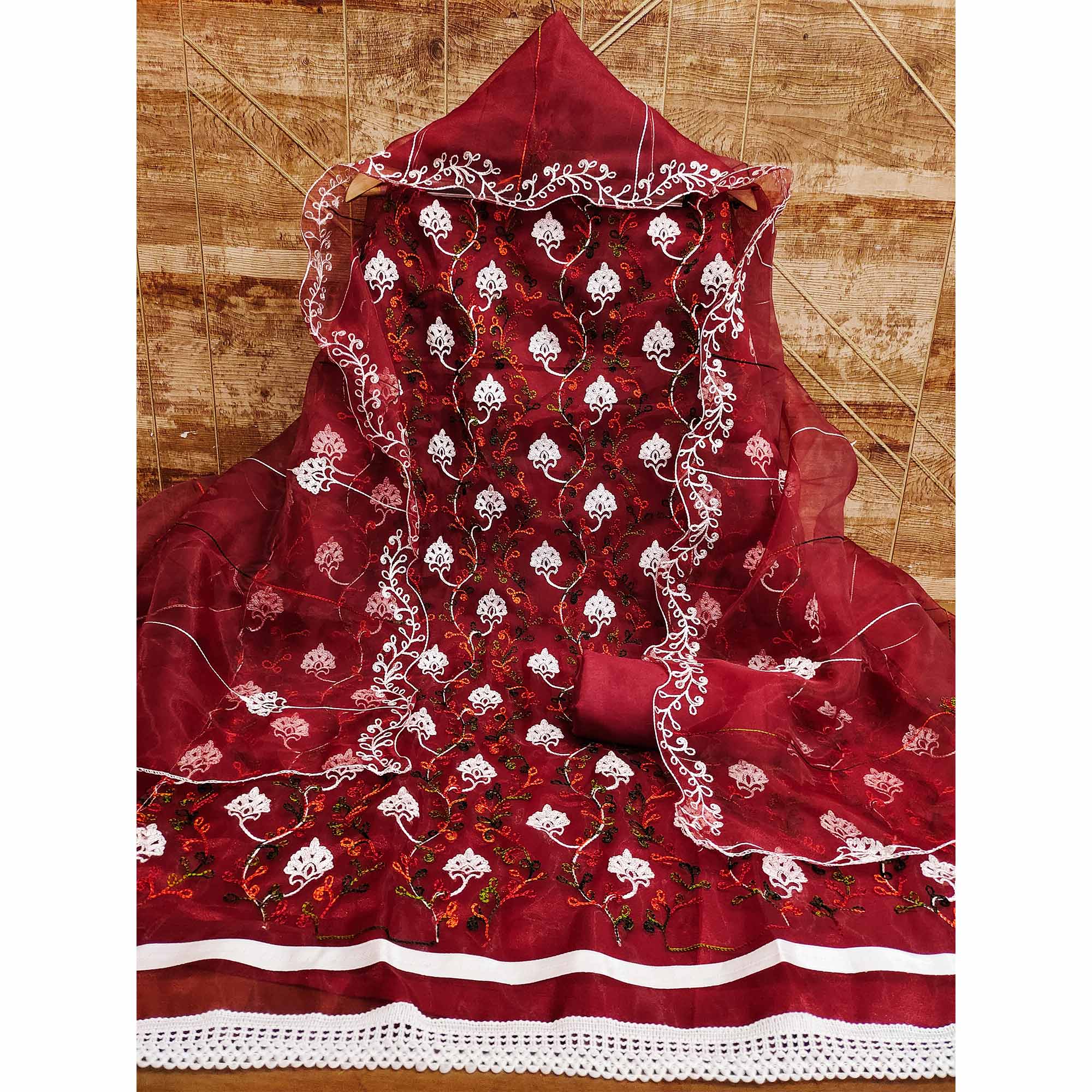 Elegant Maroon Organza Dress Material Ensemble With Exquisite Floral Embroidery