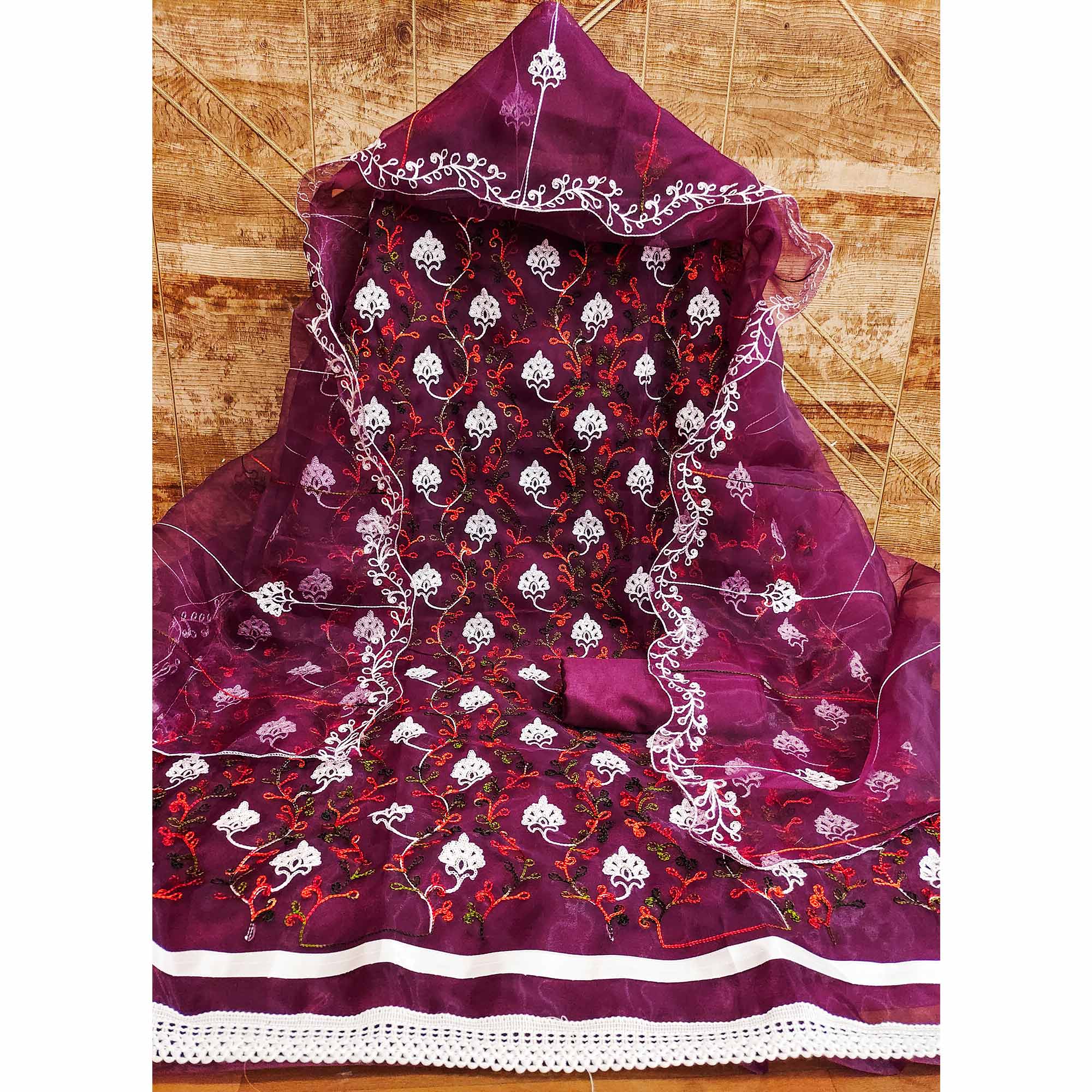 Elegant Wine Organza Dress Material Ensemble With Exquisite Floral Embroidery
