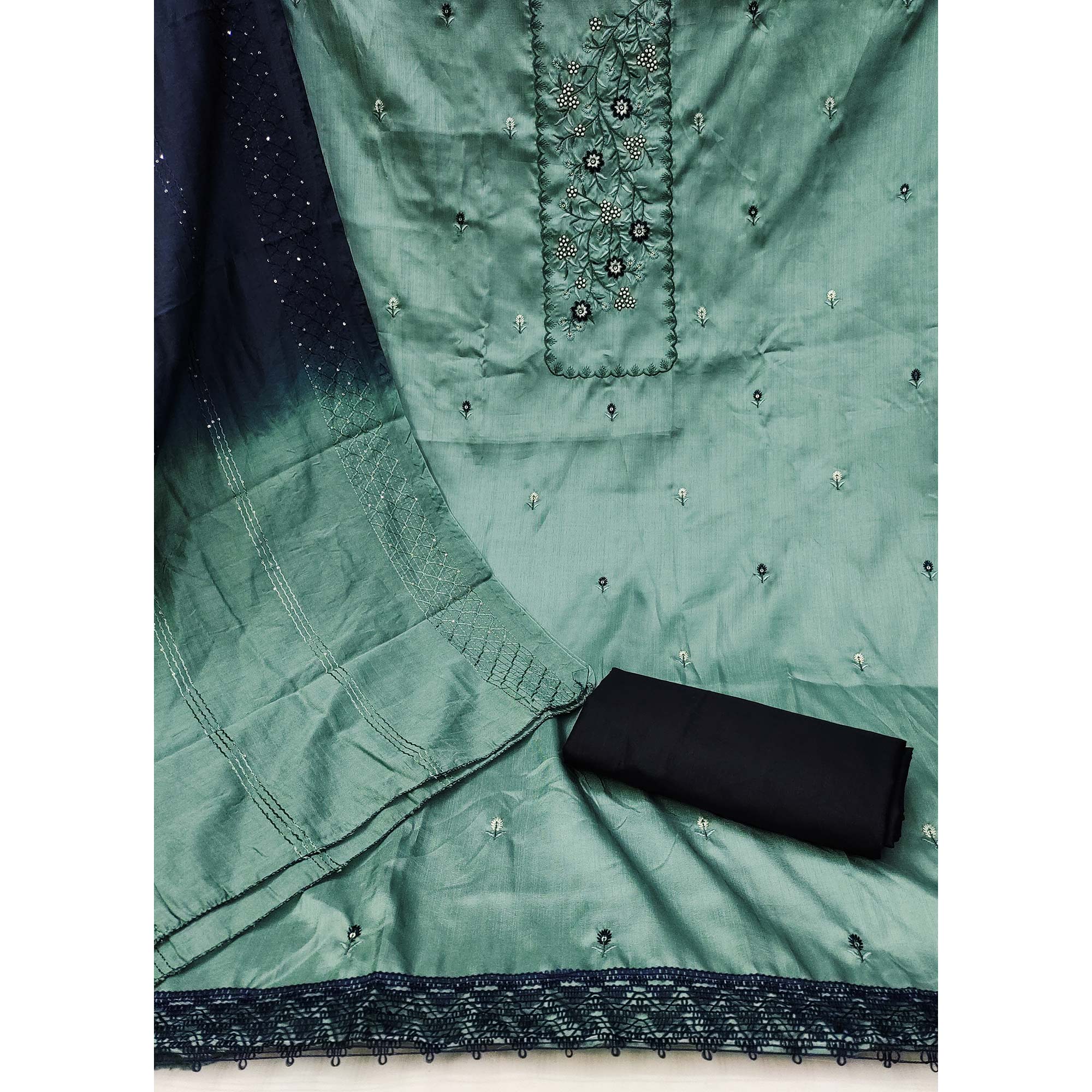 Soft Glow Pale Turquoise Dress Material With Threaded Florals & Sequin Accents