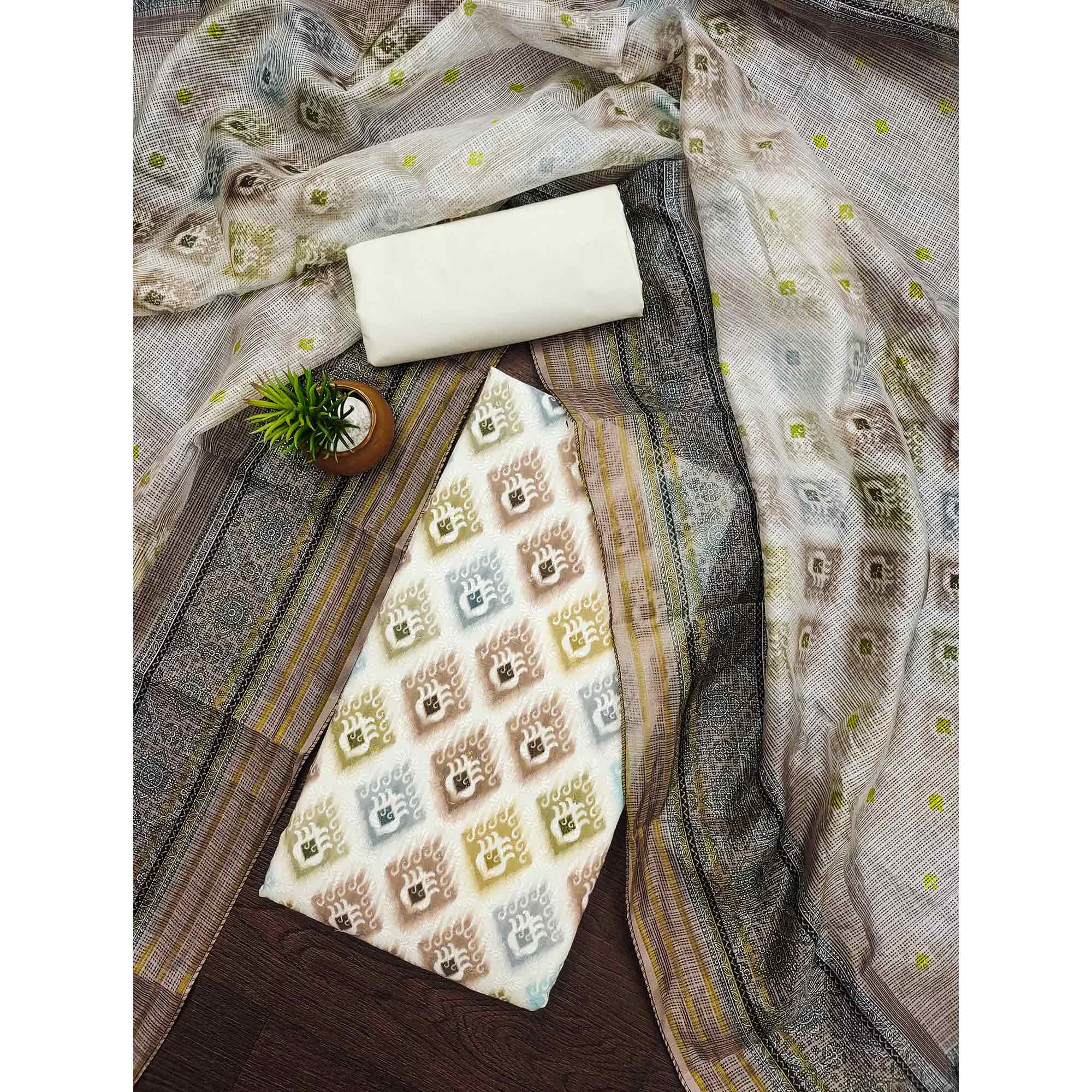 White & Matte Beige Dress Material In Cotton Blend With Delicate Digital Print & Sifli Embroidery Work