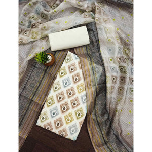 White & Matte Beige Dress Material In Cotton Blend With Delicate Digital Print & Sifli Embroidery Work