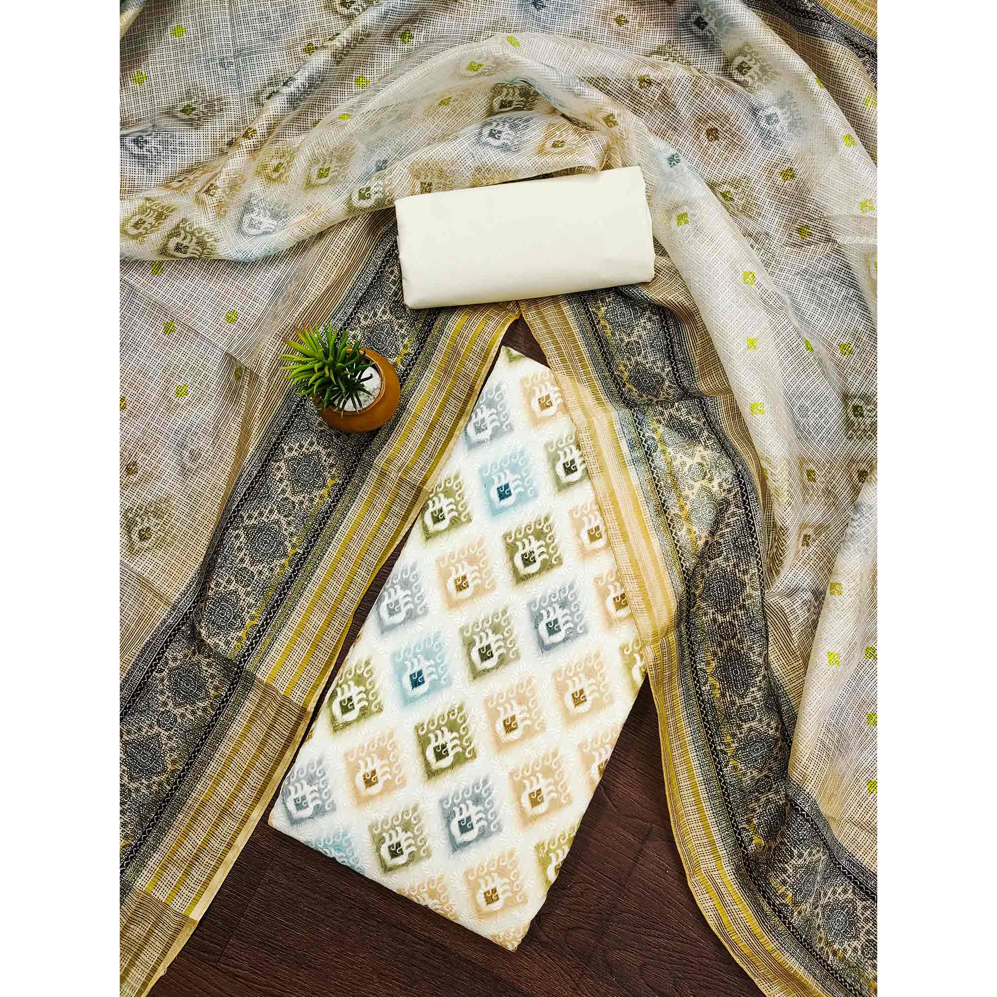 White & Cream Dress Material In Cotton Blend With Delicate Digital Print & Sifli Embroidery Work