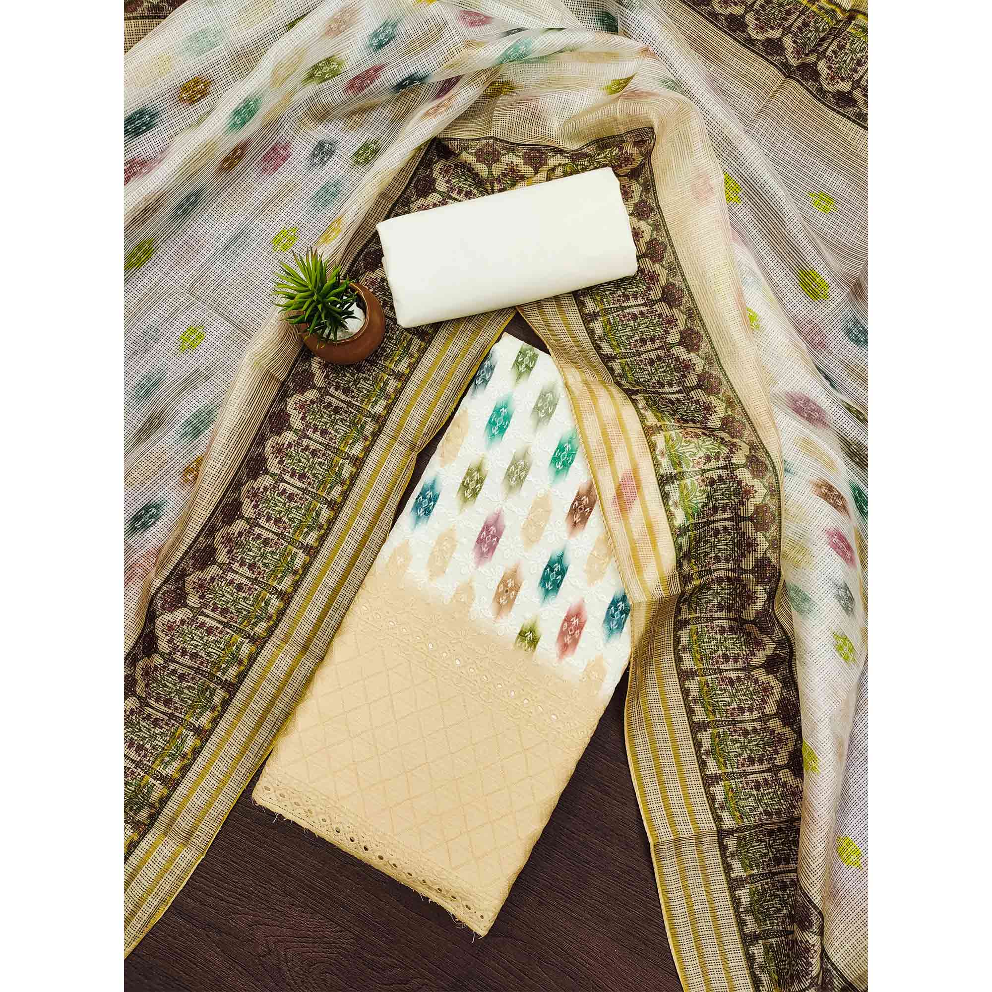 White & Pale Yellow Schiffli Embroidered Cotton Blend Dress Material With Digital Print