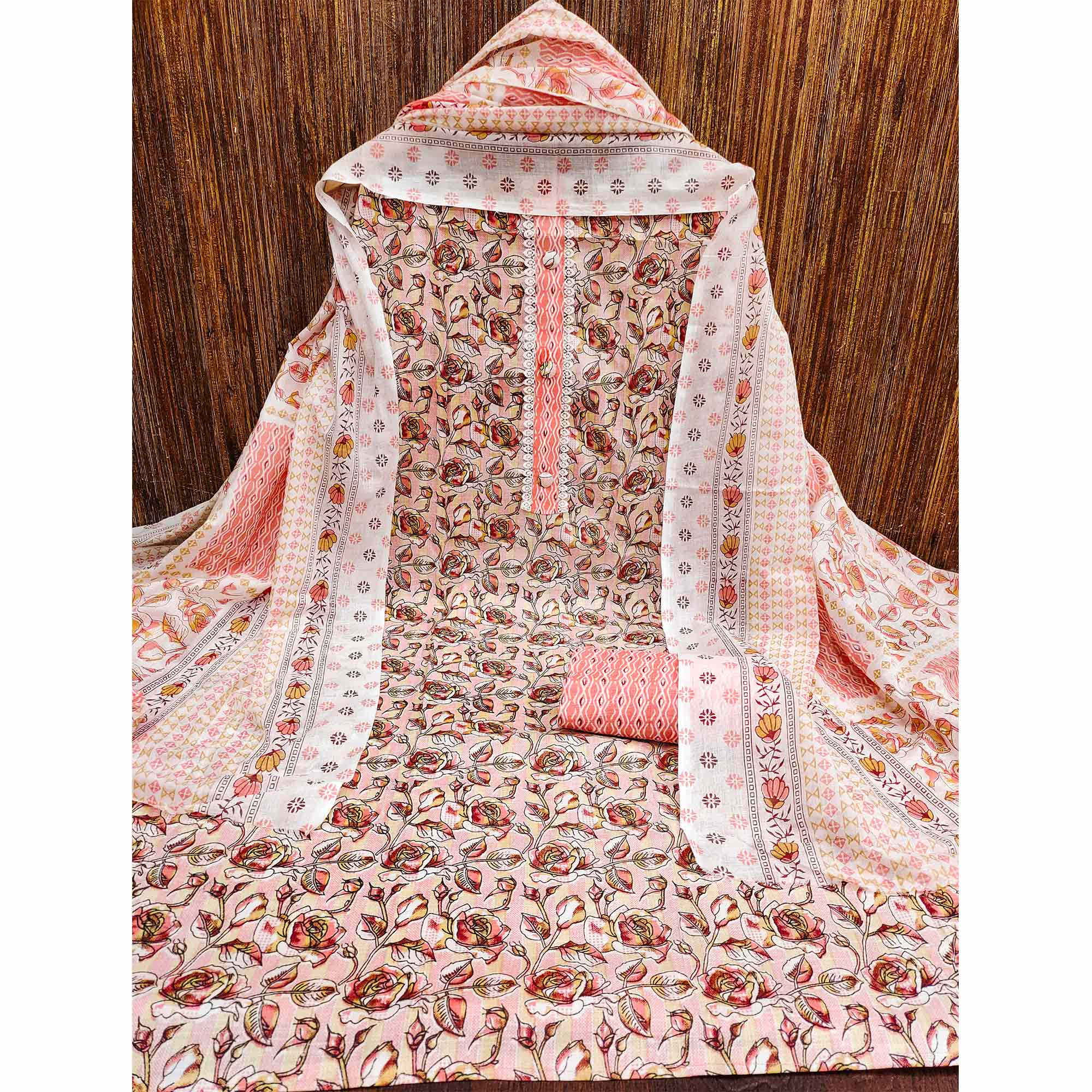 Peach Floral Printed Cotton Blend Dress Material