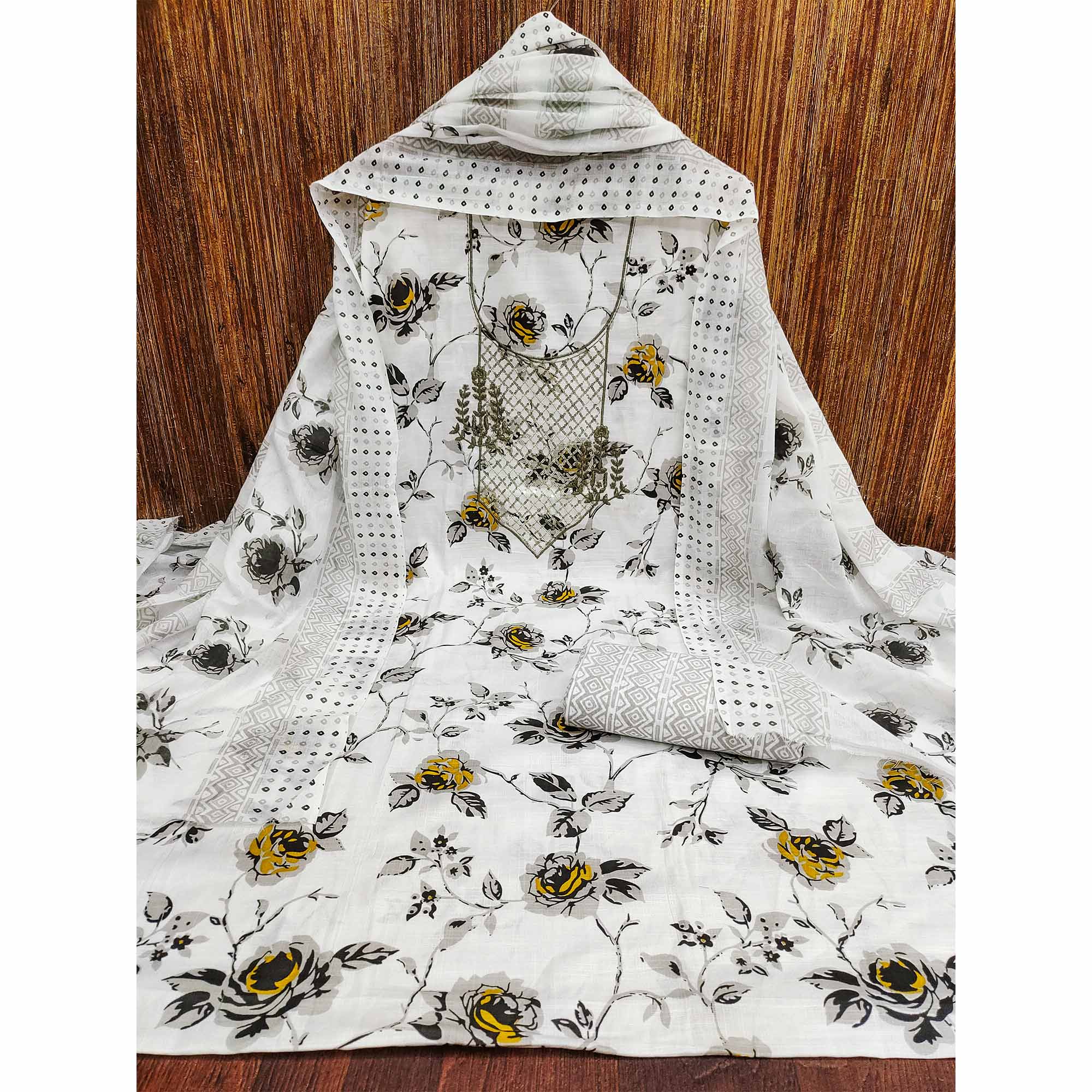 White & Grey Floral Printed With Sequins Work Cotton Blend Dress Material