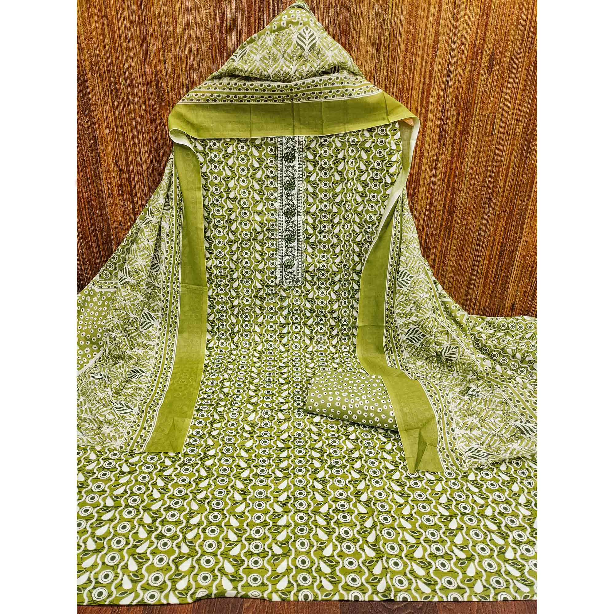 Green Printed With Embroidered Cotton Blend Dress Material
