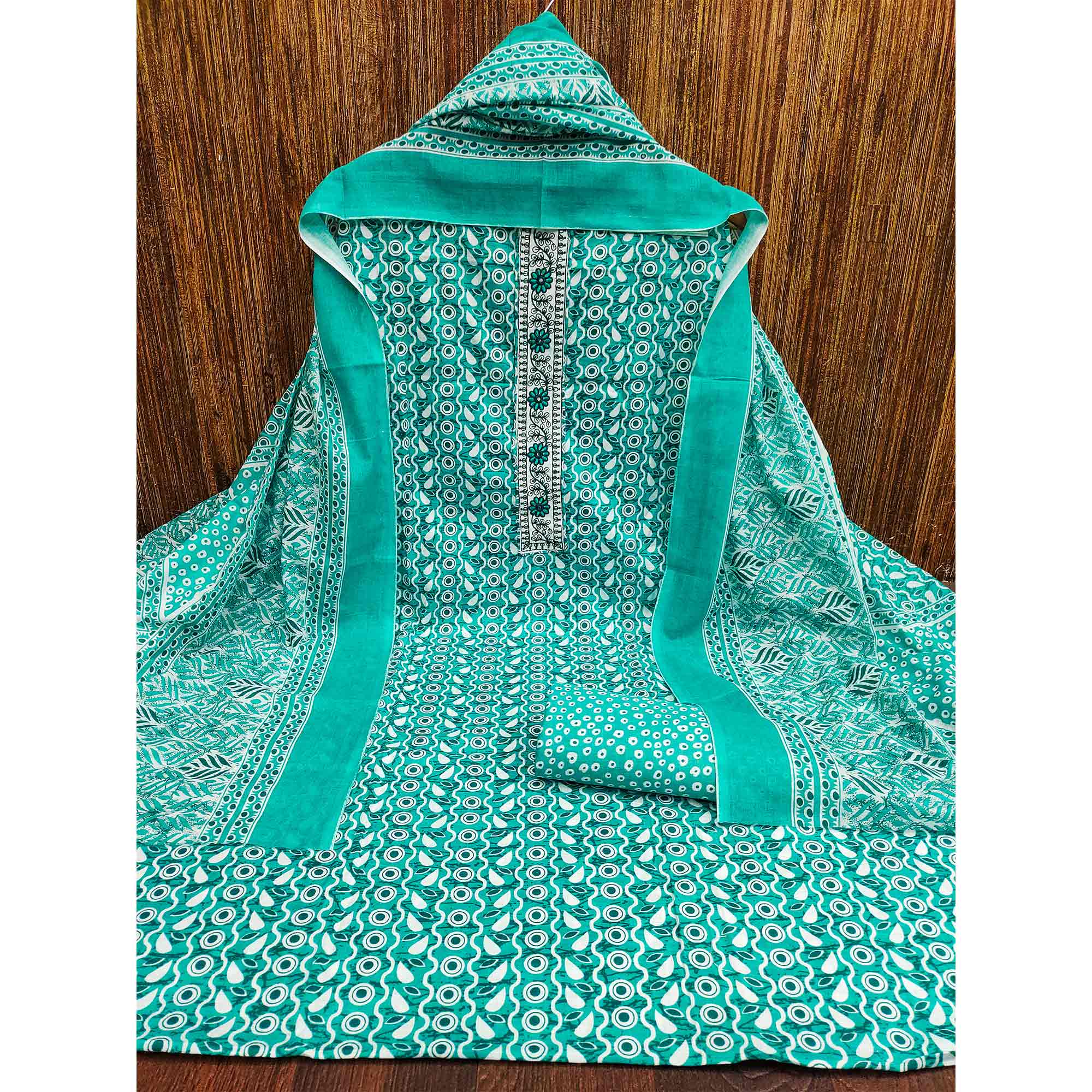 Turquoise Printed With Embroidered Cotton Blend Dress Material