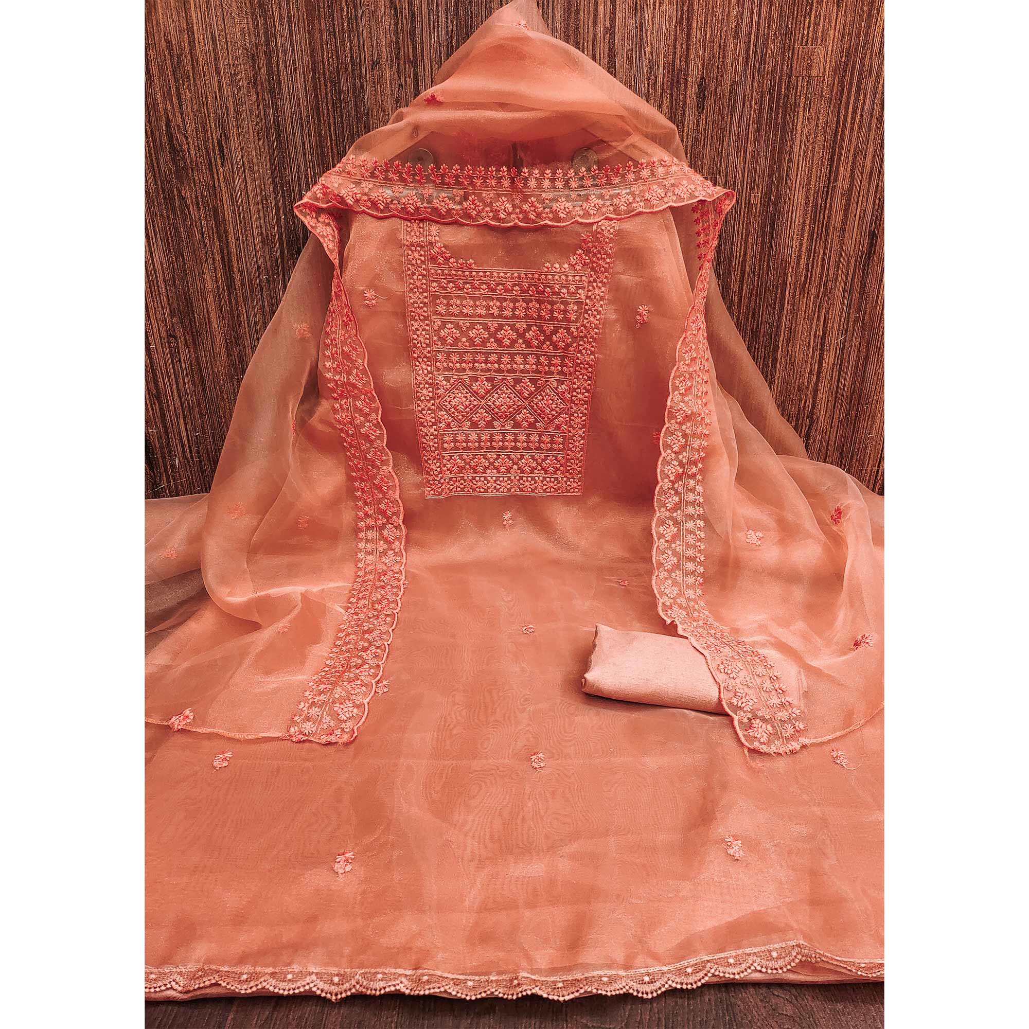 Orange Organza Dress Material With Sequins & Floral Thread Embroidery