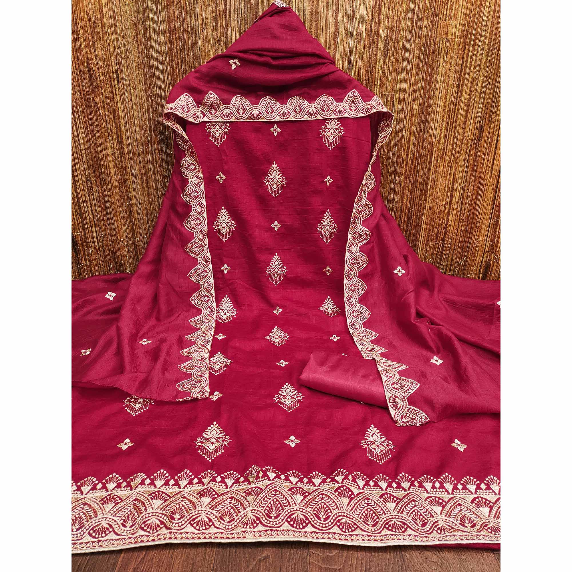 Pink Vichitra Silk Dress Material With Intricate Floral Zari Embroidery
