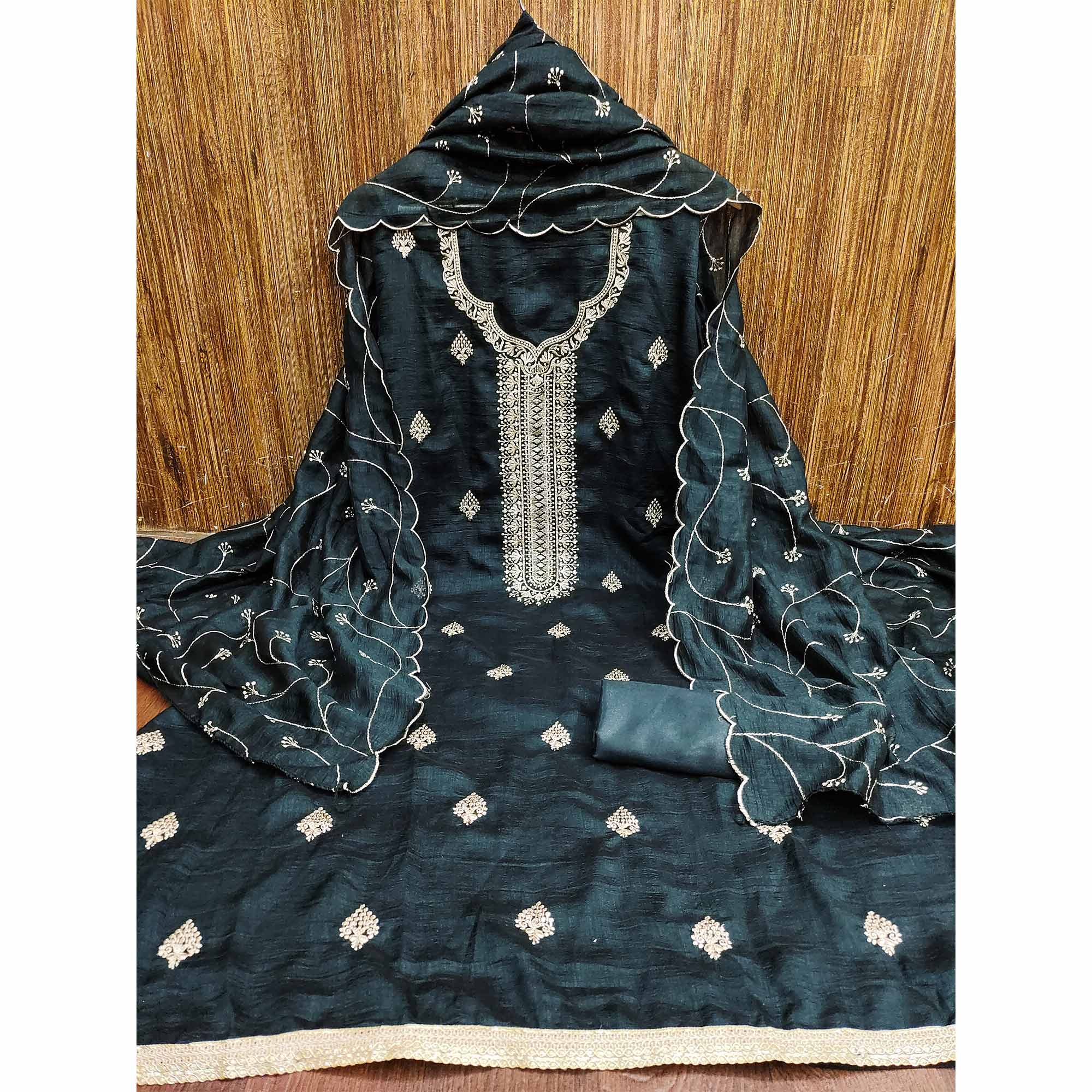 Dark Grey Vichitra Silk Dress Material with Graceful Floral Zari Embroidery