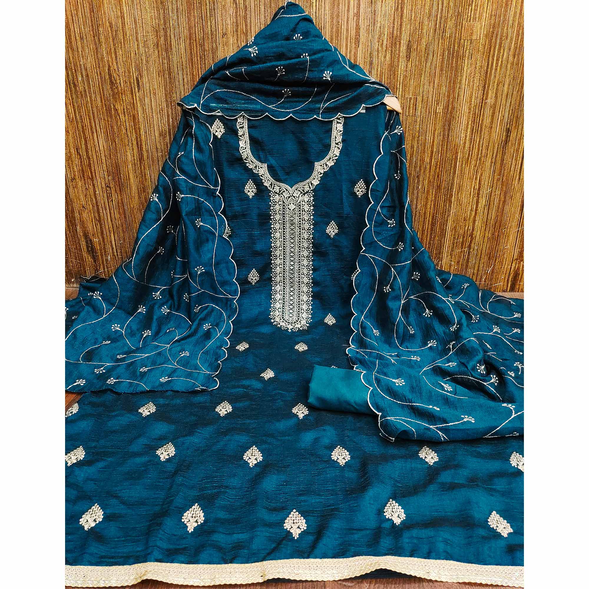Morpich Blue Vichitra Silk Dress Material with Graceful Floral Zari Embroidery