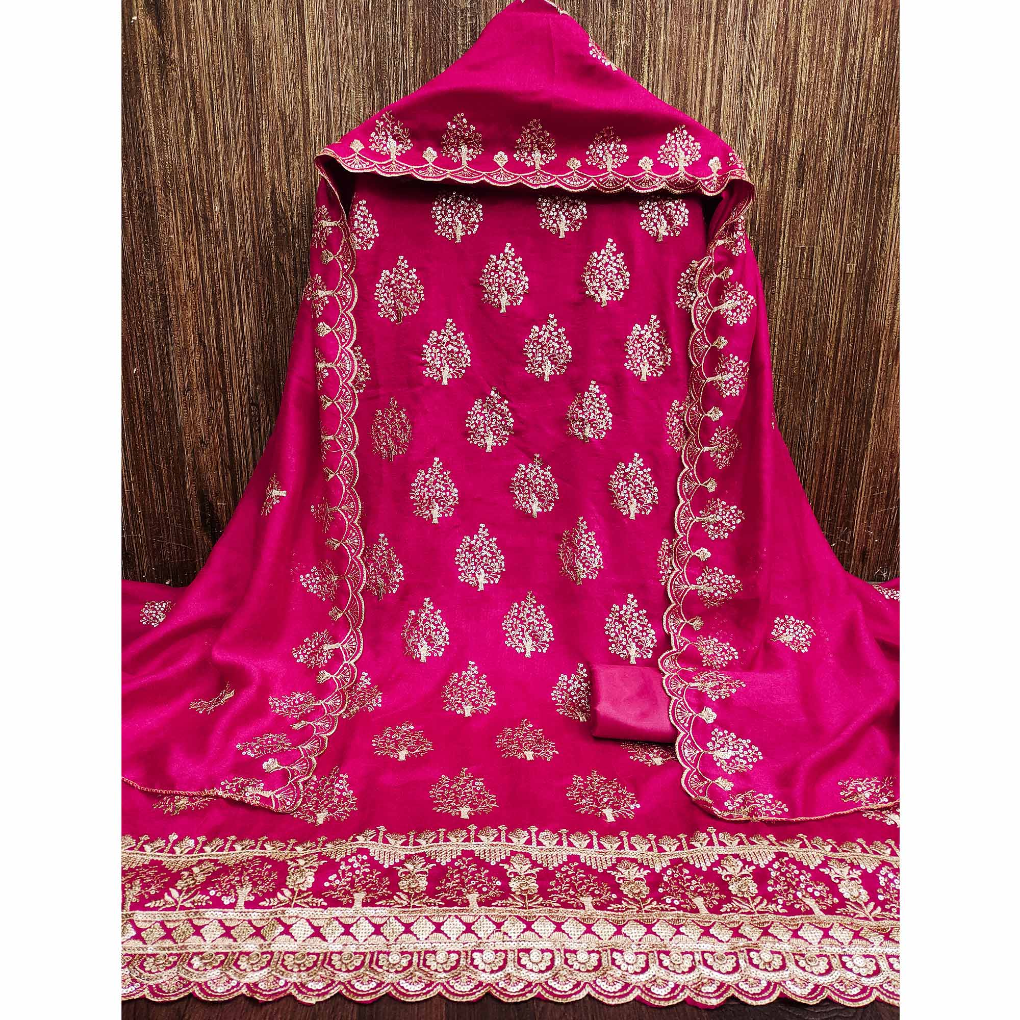 Rani Pink Sequins Embroidered Vichitra Silk Dress Material