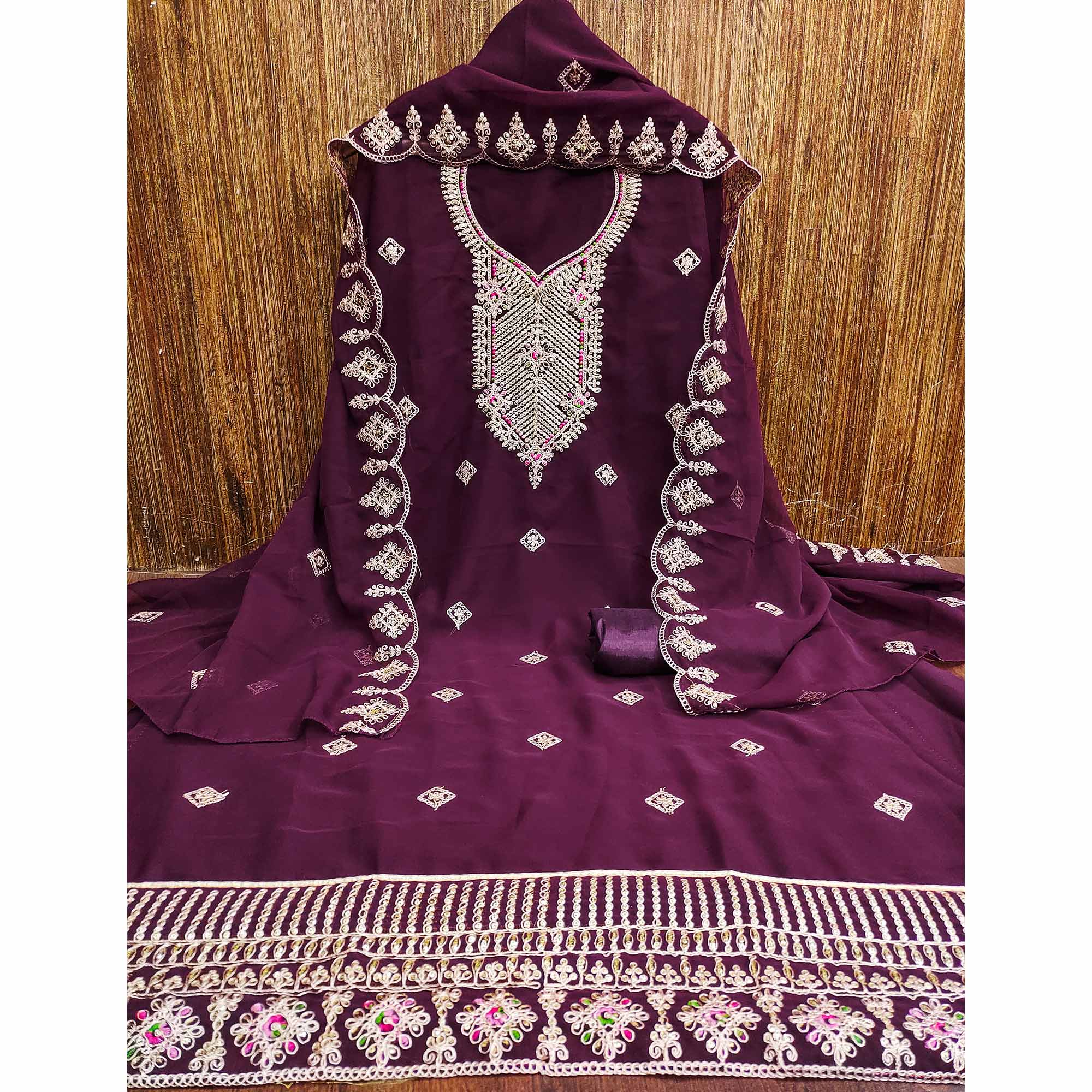 Purple Sequins Embroidered Georgette Dress Material
