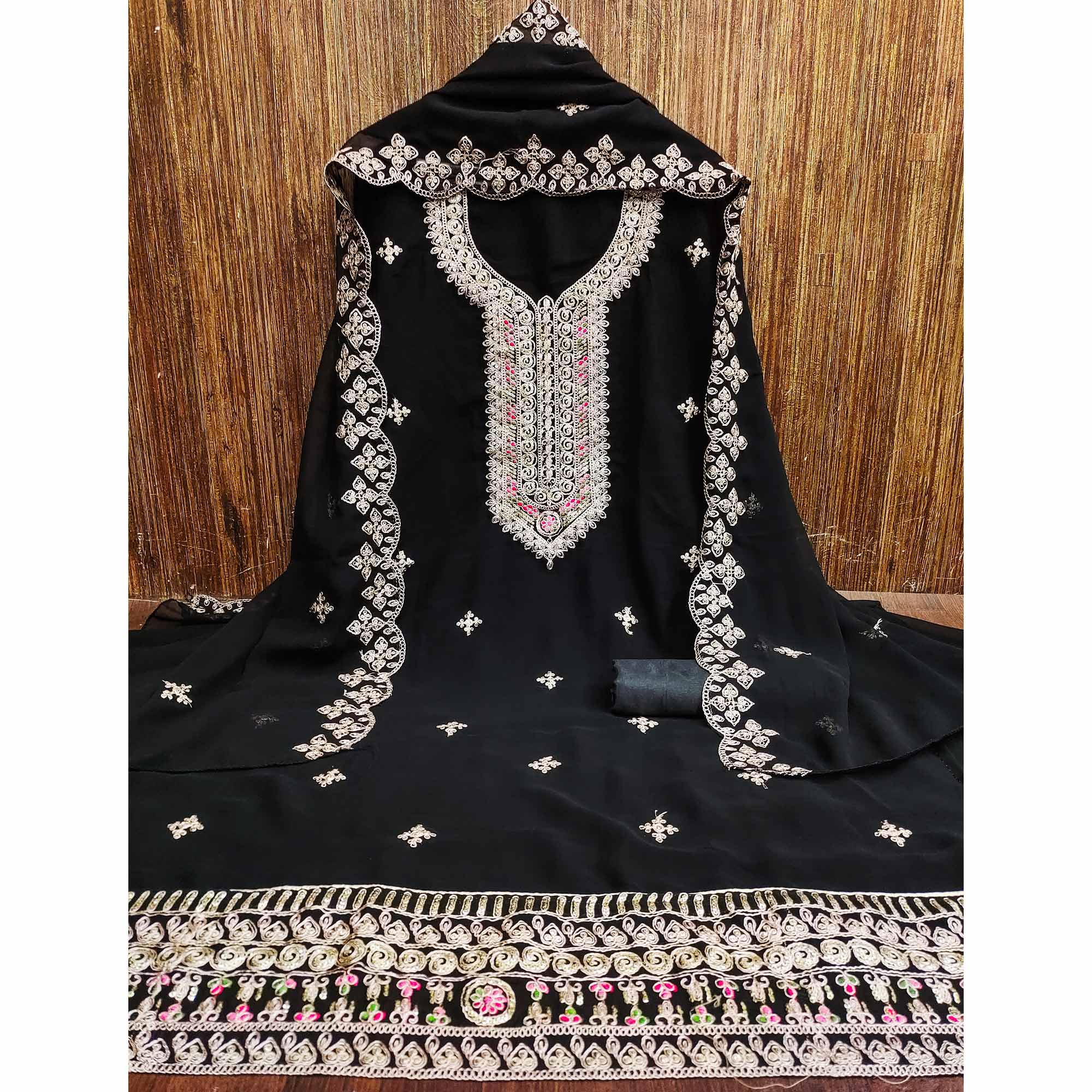 Black Floral Embroidered Georgette Dress Material