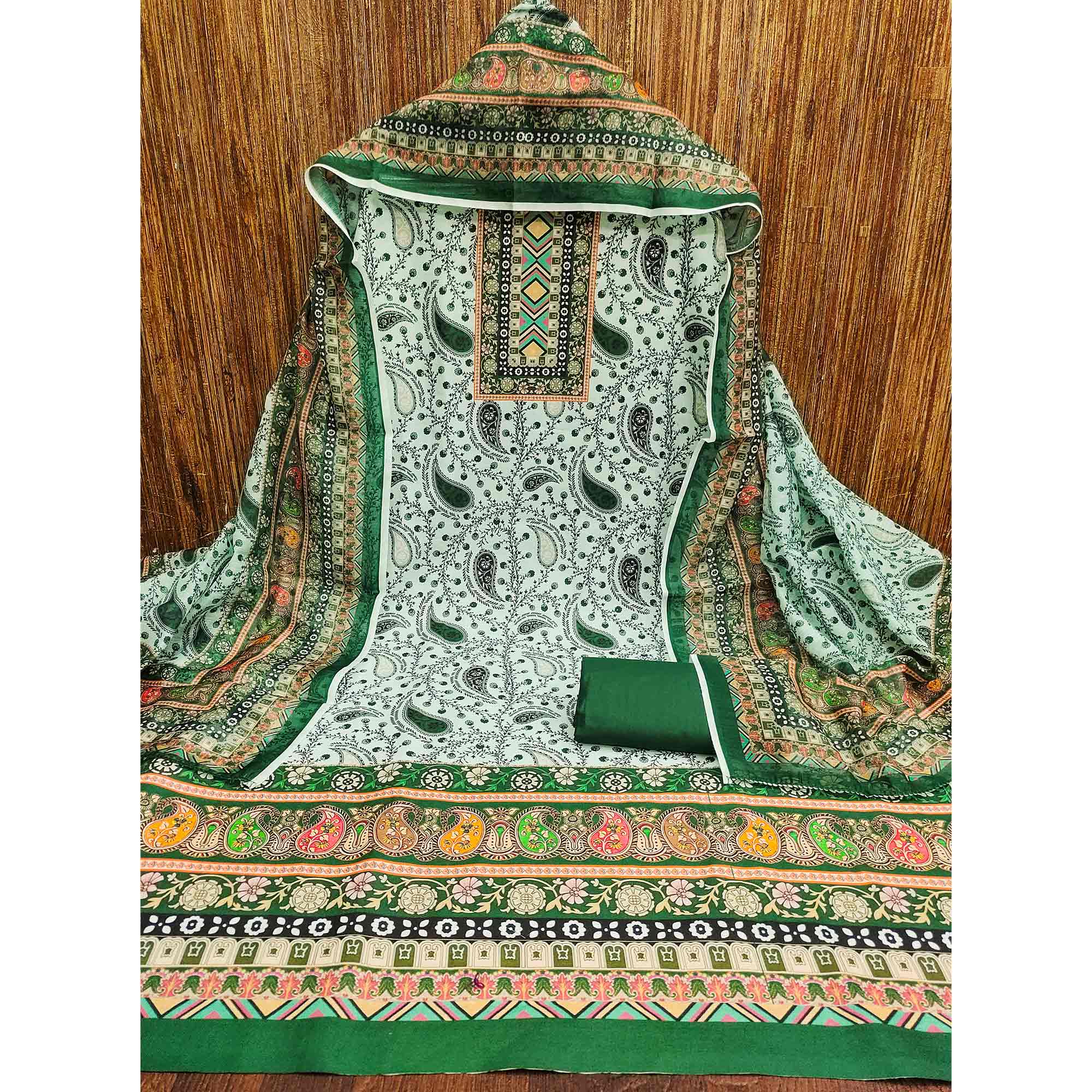 Green Floral Printed Cotton Blend Dress Material