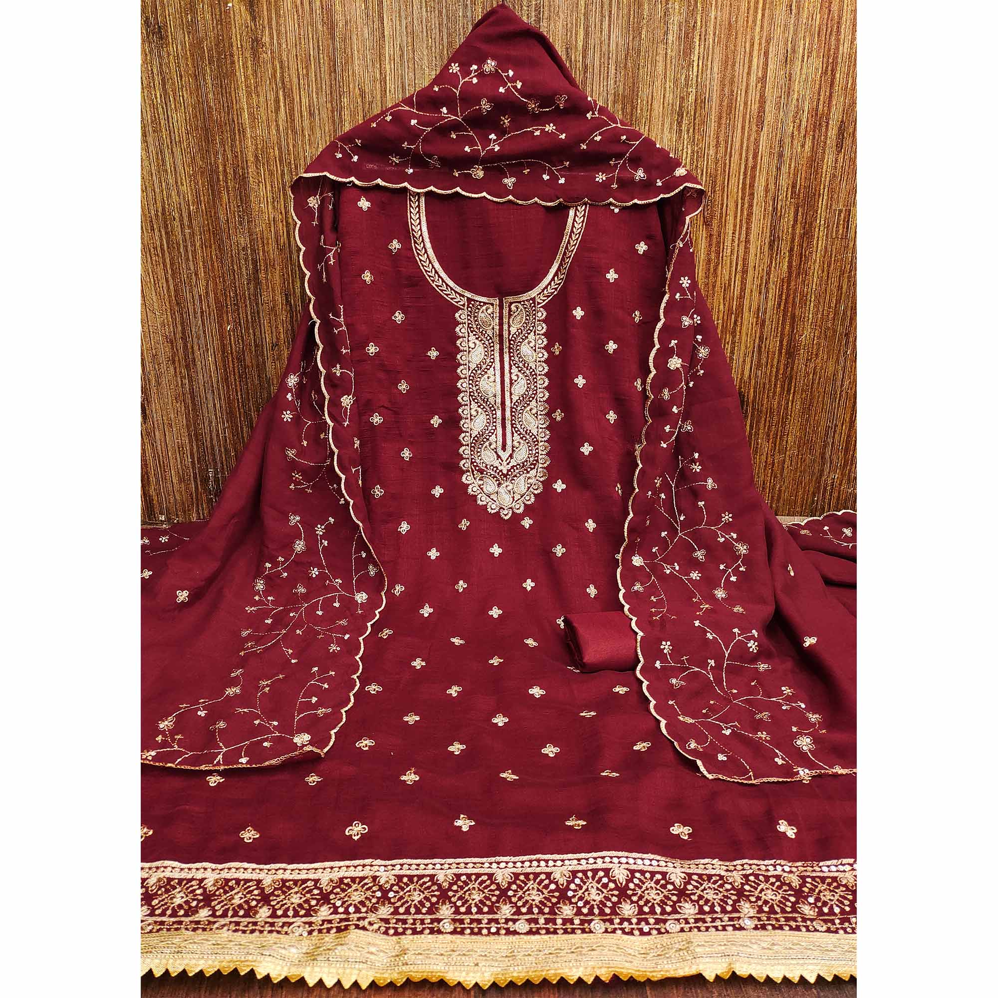 Maroon Floral Embroidered Vichitra Silk Dress Material
