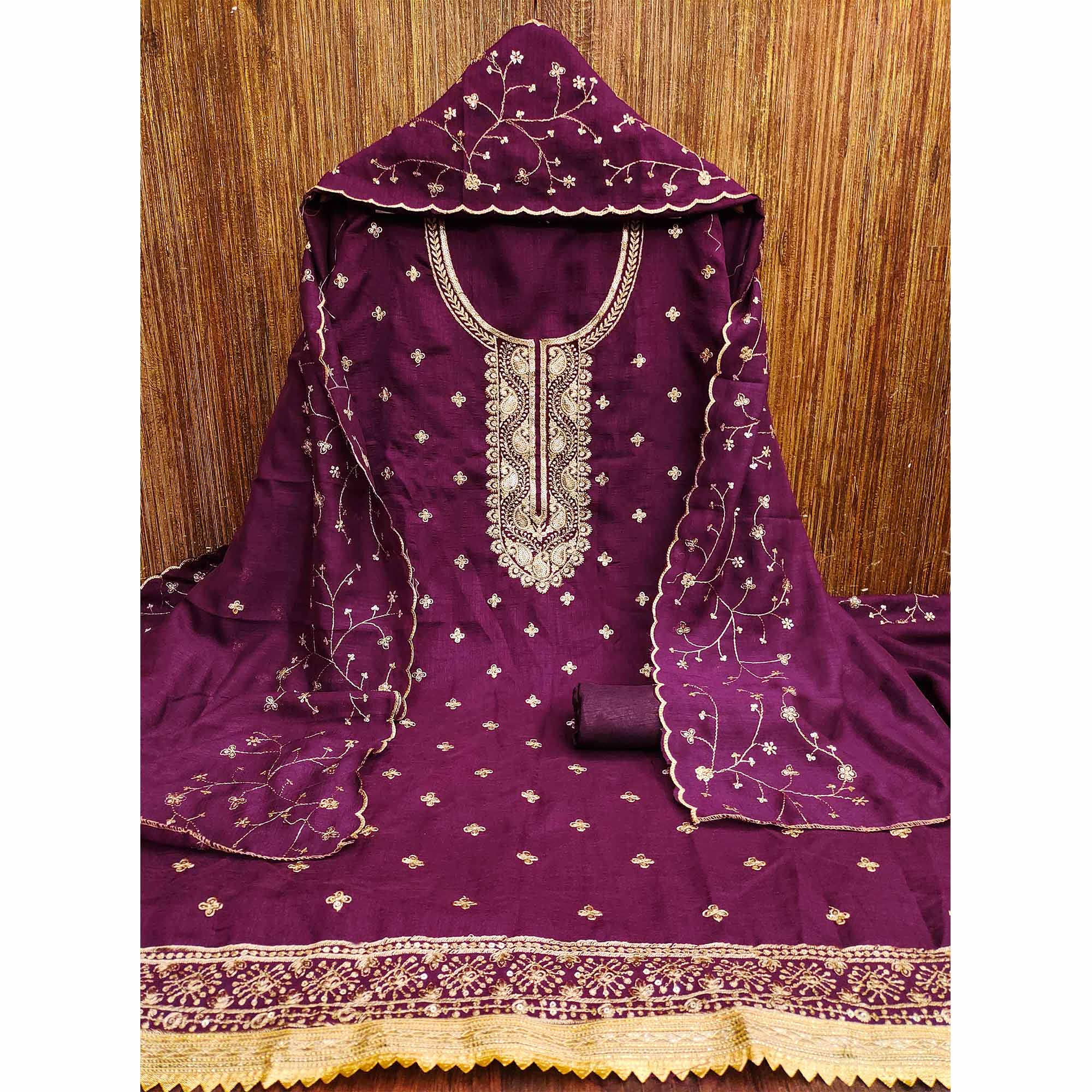 Purple Floral Embroidered Vichitra Silk Dress Material